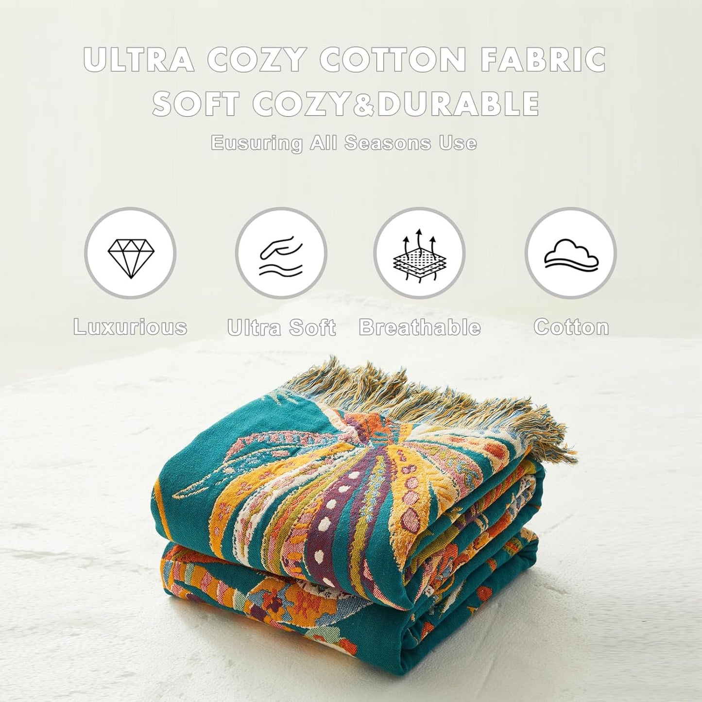 MSGKV Boho Throw Blanket for Couch Bed Chair 100% Cotton Muslin Breathable Embroidery Blanket 50"x60" Sofa Blankets for All Seasons Lightweight Farmhouse Blankets Boho Home Decor