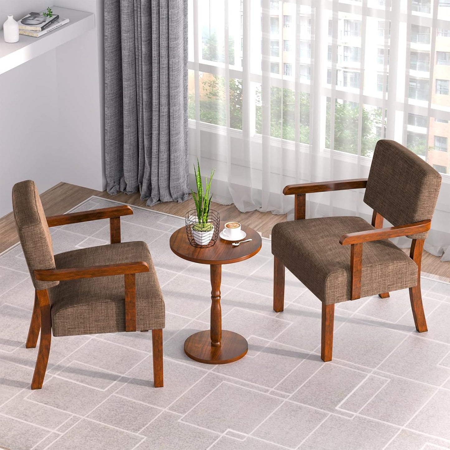 Accent Chair Set of 2 with Table, Living Room Chairs with Soft Seat & Armrests for Living Room Bedroom Reading Room Waiting Room (Brown), (AC01)