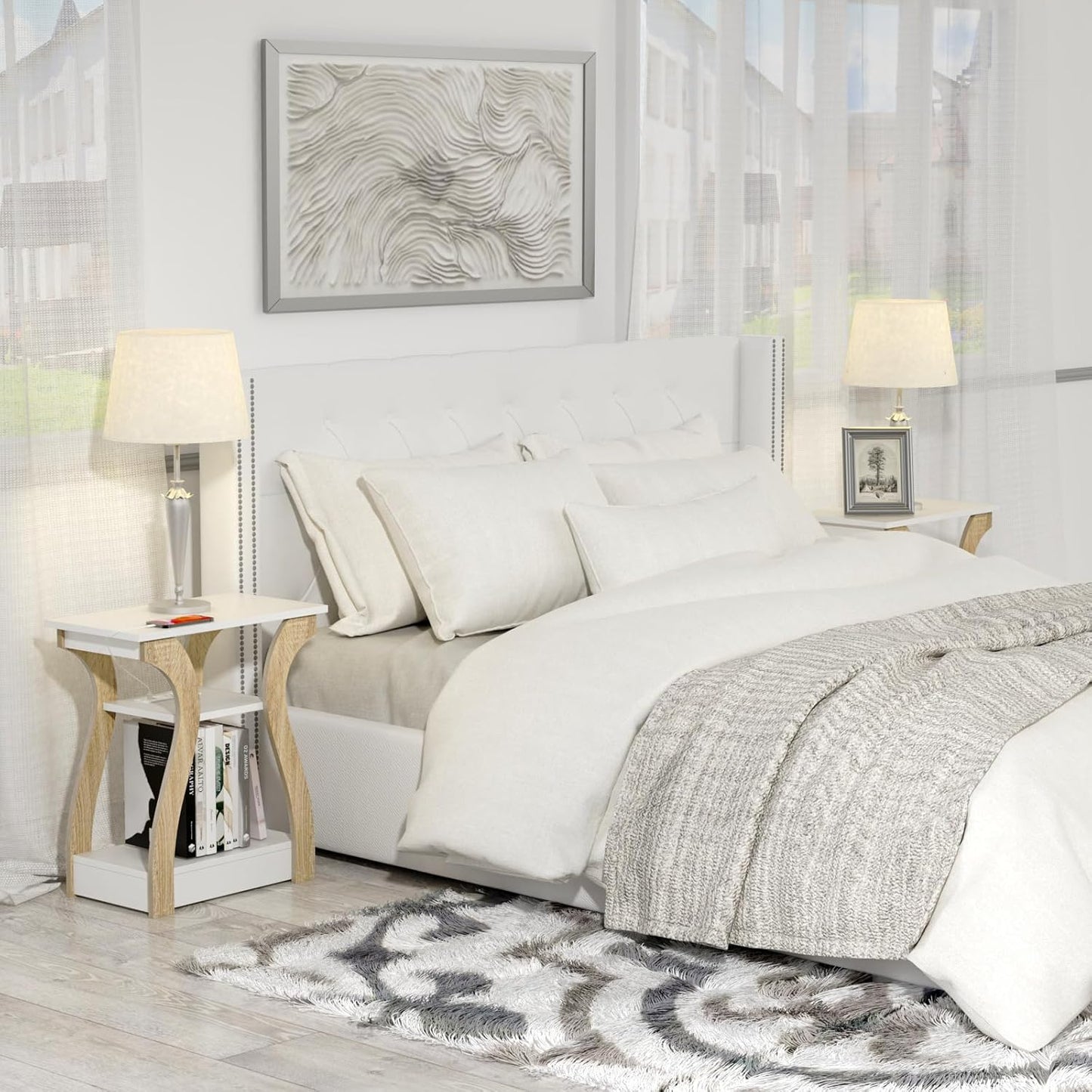 End Table Set of 2 with Charging Station, Side Table with USB Ports and Outlets, Nightstand, 3 Tier End Table with Storage Shelf for Living Room, Bedroom (White Set of 2)