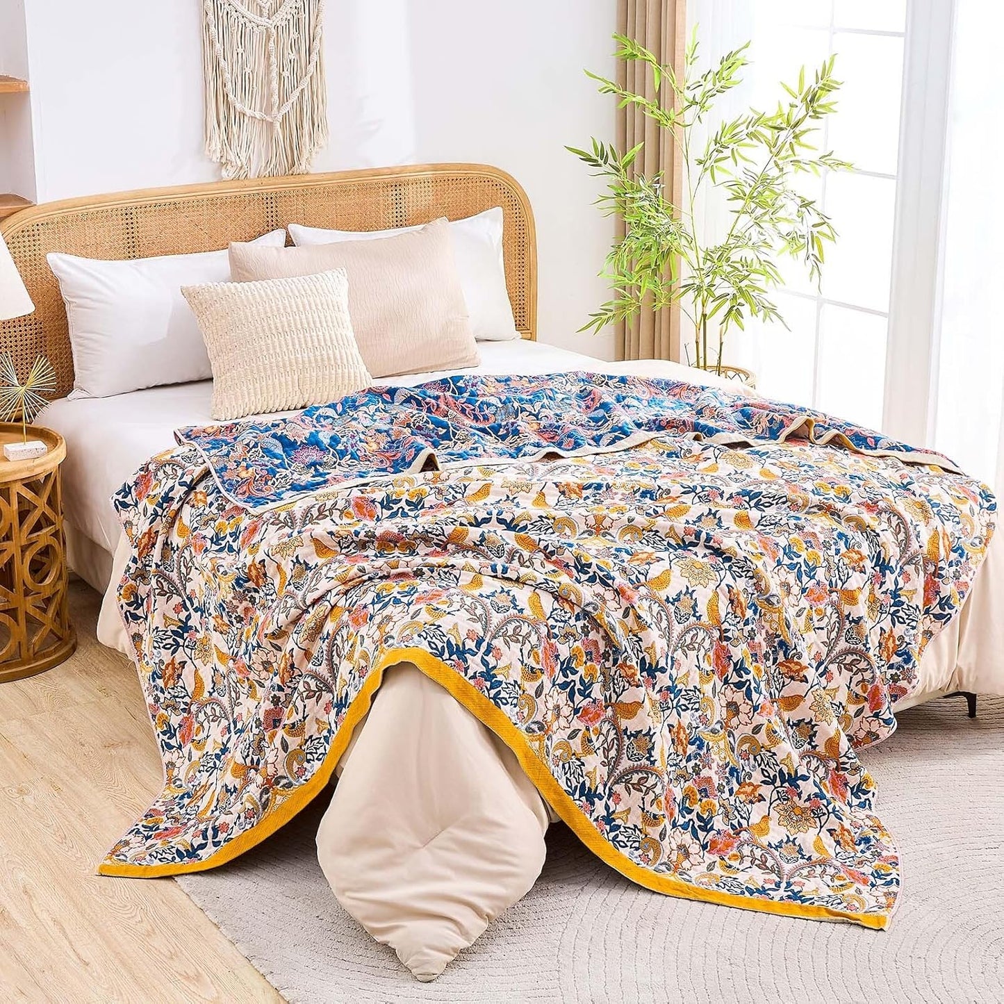 Boho Blanket Throw Quilt, 100% Cotton Soft Light Weight Throw Blankets for Summer, 50"x60" Farmhouse Flower Decorative Blankets, All Season Rustic Reversible Bohemian Throw Quilt