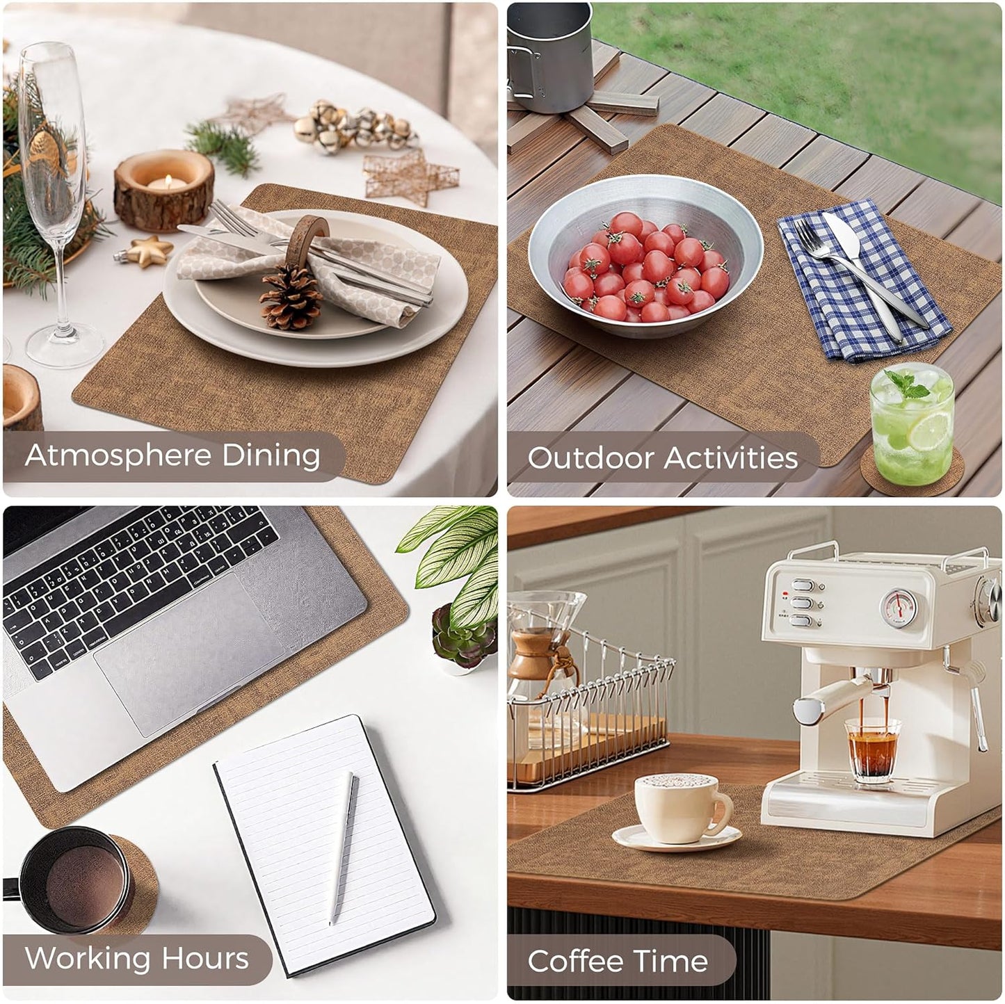 Vinyl Placemats Set of 6, Faux Leather Waterproof and Heat Resistant Place Mats, Washable Anti-Slip Table Mats with Coaster, Wipeable Placemats for Indoor & Outdoor 17" x 12" (Light Brown, Set of 6)