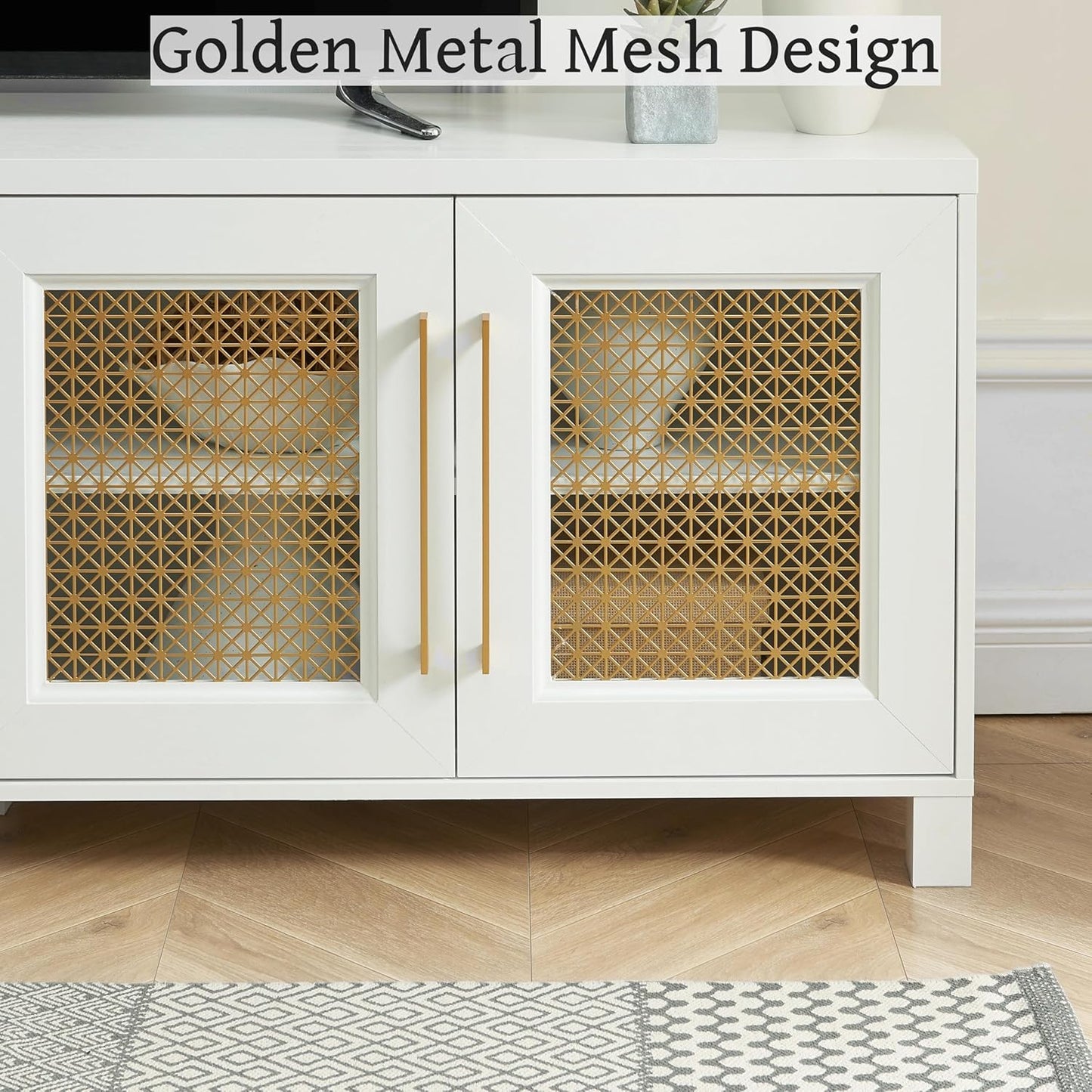JYED Mid Century Modern TV Stand for TVs up to 75", 69.5" W White Entertainment Center with 4 Gold Metal Mesh Doors - Wood Grain MDF TV Console, Media Storage