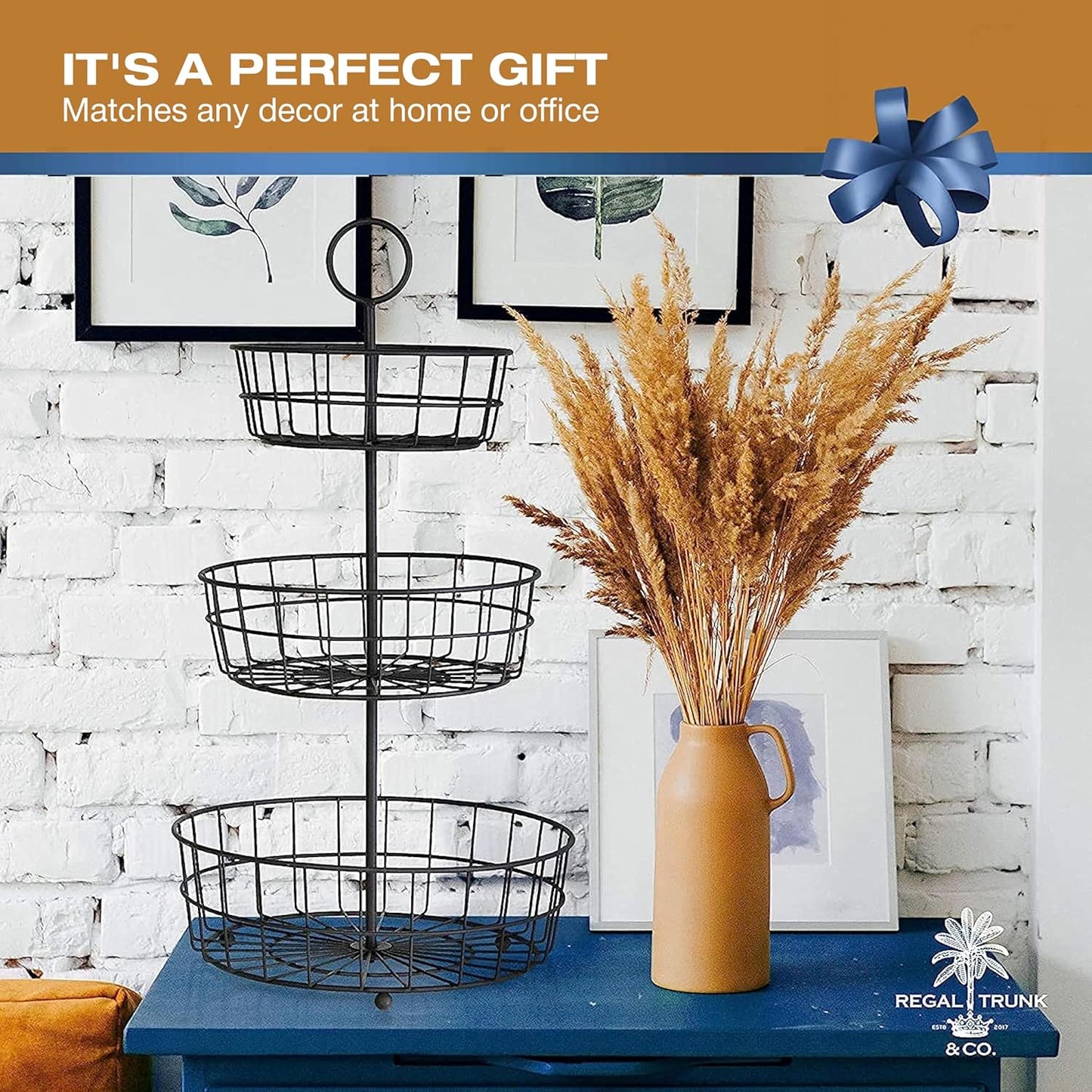 REGAL TRUNK & CO. 3 Tier Fruit Basket, Elegant French Country Wire Baskets, Three Tiered Wire Basket Stand for Vegetables, Bread & More for Countertop or Hanging, Christmas or Birthday Present