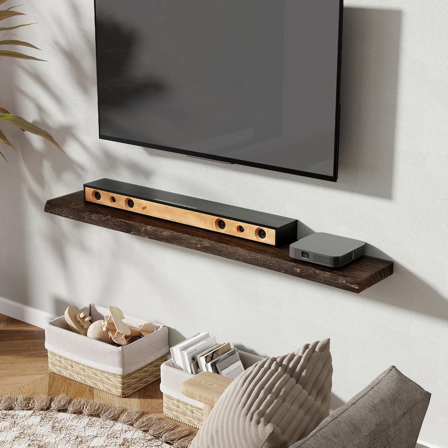 55" Floating Shelves, Live Edge Elm Wood Floating Shelf for Wall, Wall-Mounted Display Shelves with Invisible Heavy-Duty Bracket, Long Floating Shelf for Bathroom, Kitchen, Living Room, Walnut Color