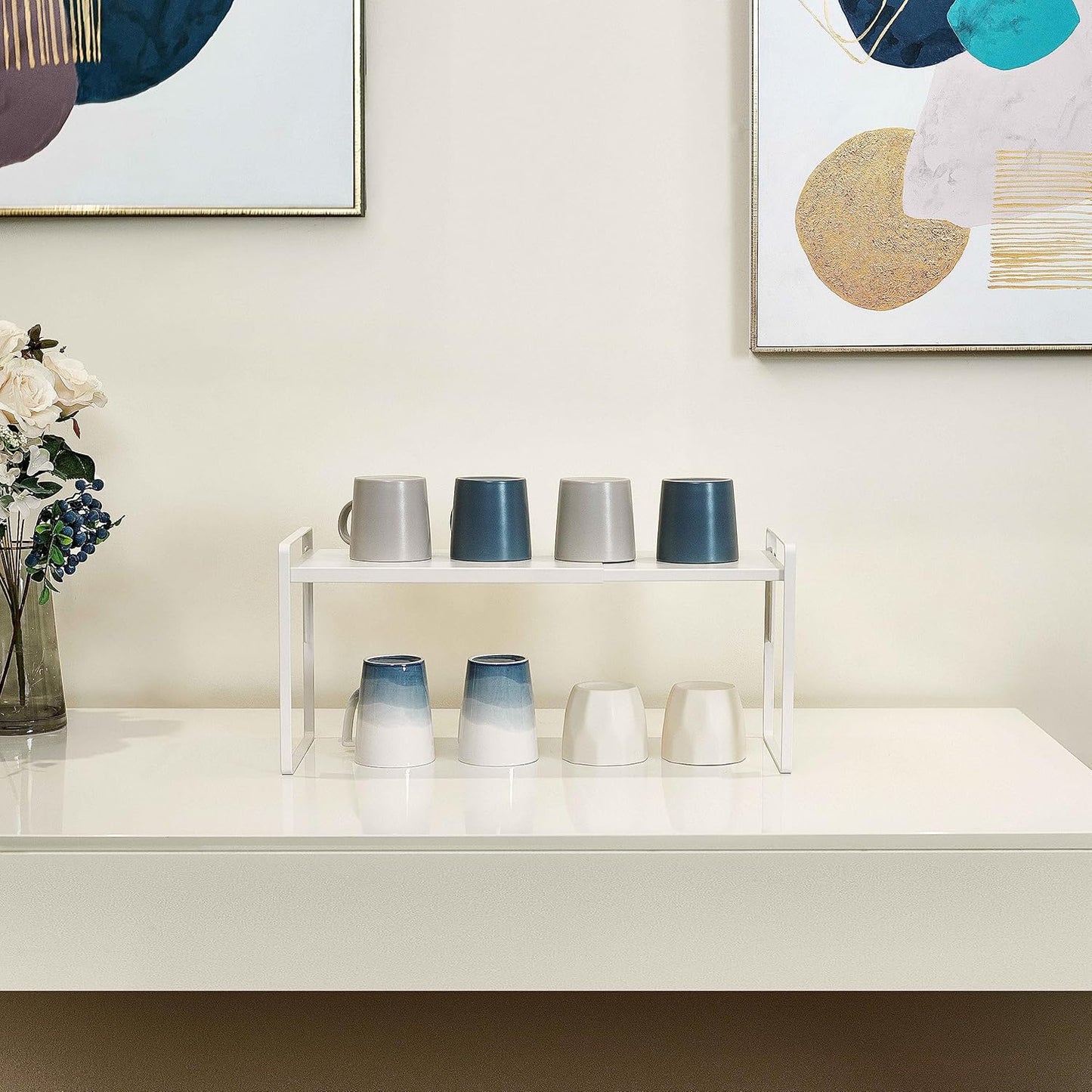 Nxconsu Cabinet Shelf Expandable Height Adjustable Shelf Organizer Riser for Kitchen Cabinet Pantry Cupboard Under Sink Countertop Organization Storage Space Saver Stackable Heavy Duty Metal White XL