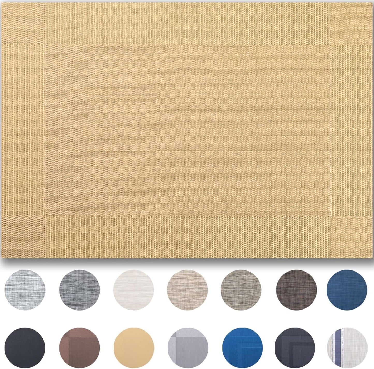 Placemats Set of 12 - Easy Clean Woven Vinyl Placemats for Dining Table, Indoor/Outdoor Place Mats, Washable PVC Table Mats(Gold Cube)