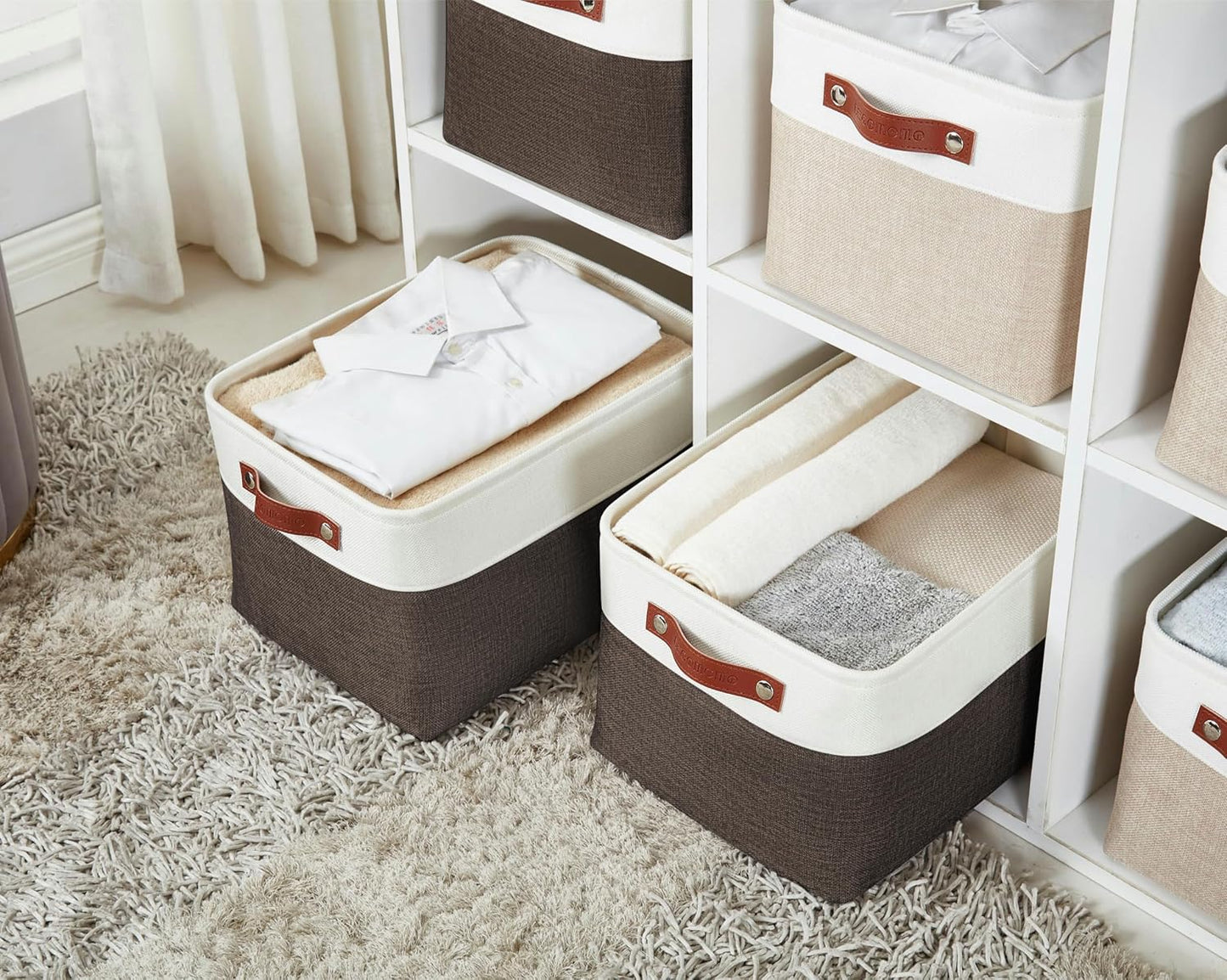 DECOMOMO Storage Baskets for Shelves - Fabric Closet Organizers and Storage Bins, Perfect Baskets for Organizing Closet Toys Nursery (Brown and White, XL - 3 Pack)