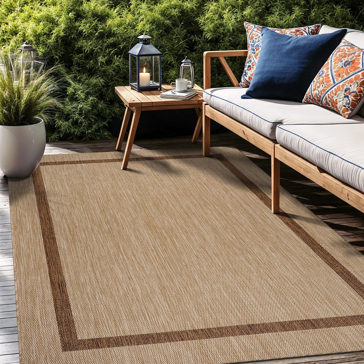 Bordered Outdoor Rug 6x9 Washable Outside Carpet for Indoor Patio Porch Waterproof Easy Cleaning Non Shedding Area Rugs Jute Beige - Nut Brown 6 x 9