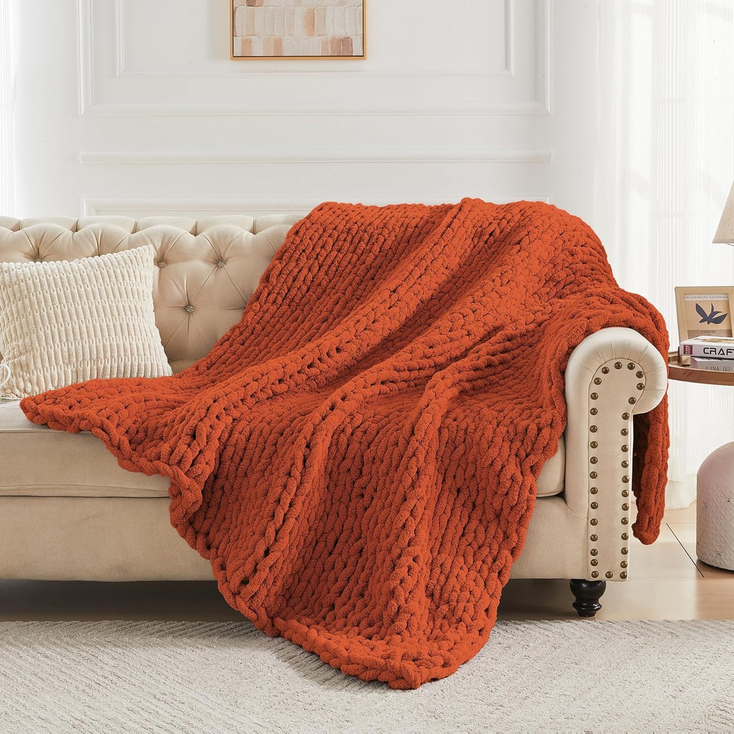 Carriediosa Chunky Knit Throw Blanket 50" X 60", 100% Hand Made Large Chenille Loop Yarn Soft Fluffy Throws for Couch Sofa Bed, Big Crochet Cozy Heavy Thick Cable Woven Blankets, Rust