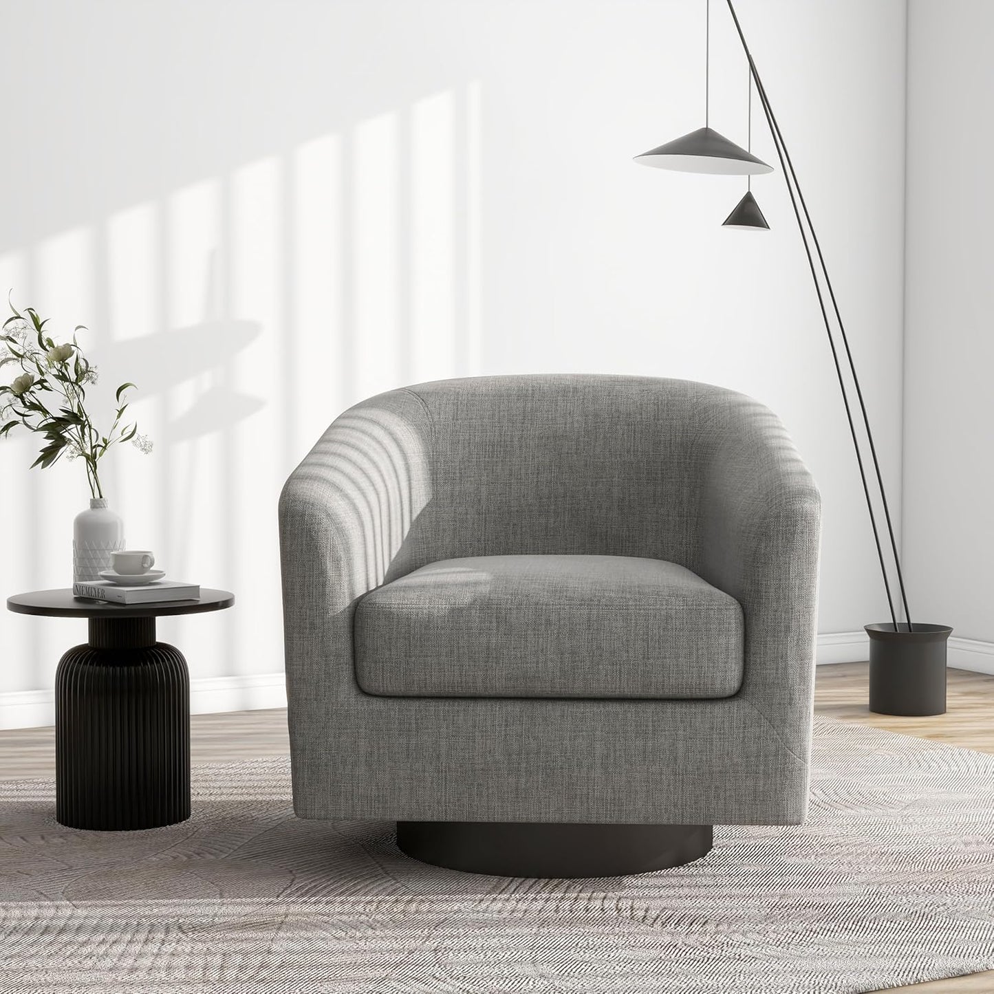 Swivel Barrel Accent Chair, Modern Round Linen Arm Chair for Living Room, Bedroom, Comfy Club Reading Chairs for Adults(Linen Fabric, Light Grey, Set of 1