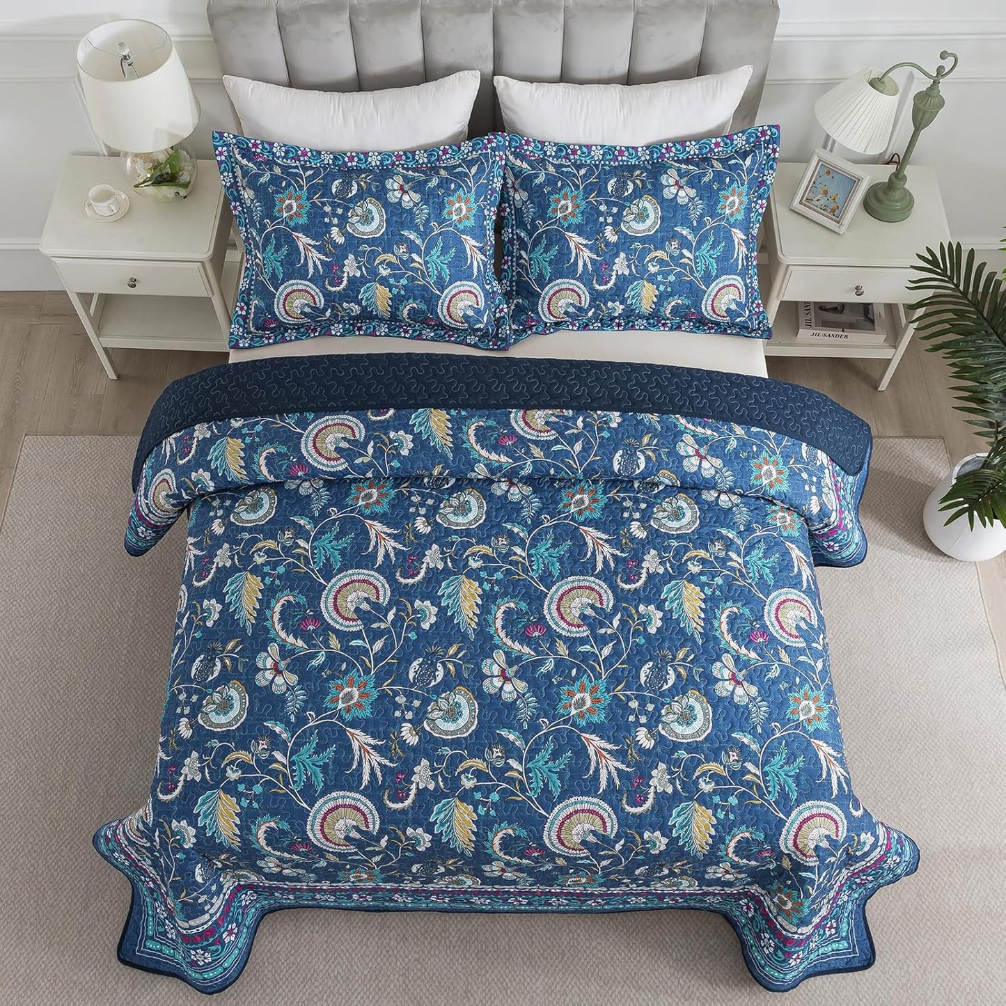 NEWLAKE Quilt Set Queen Size, Bedspread Sets Blue Botanical Floral Patterns, Reversible Quilt Bedding Set Lightweight and Breathable for All Seasons, Soft Quilted Bedspread with 2 Pillow Shams
