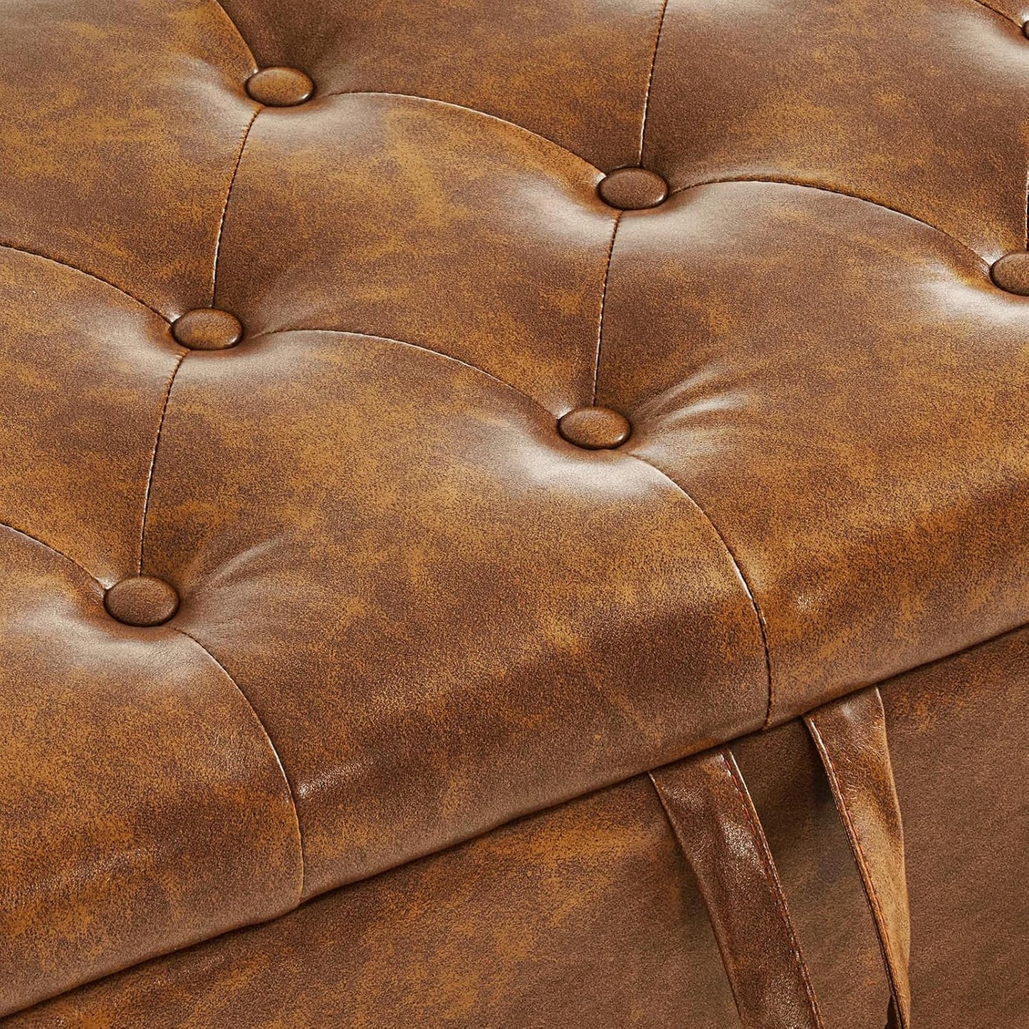 Furniliving Storage Ottoman Bench, Leather Benches End of Bed Bench with Solid Wood Legs Upholstered Ottoman Bench with Storage Indoor Bench for Living Room with Rolled Arm, Entryway, YellowBrown