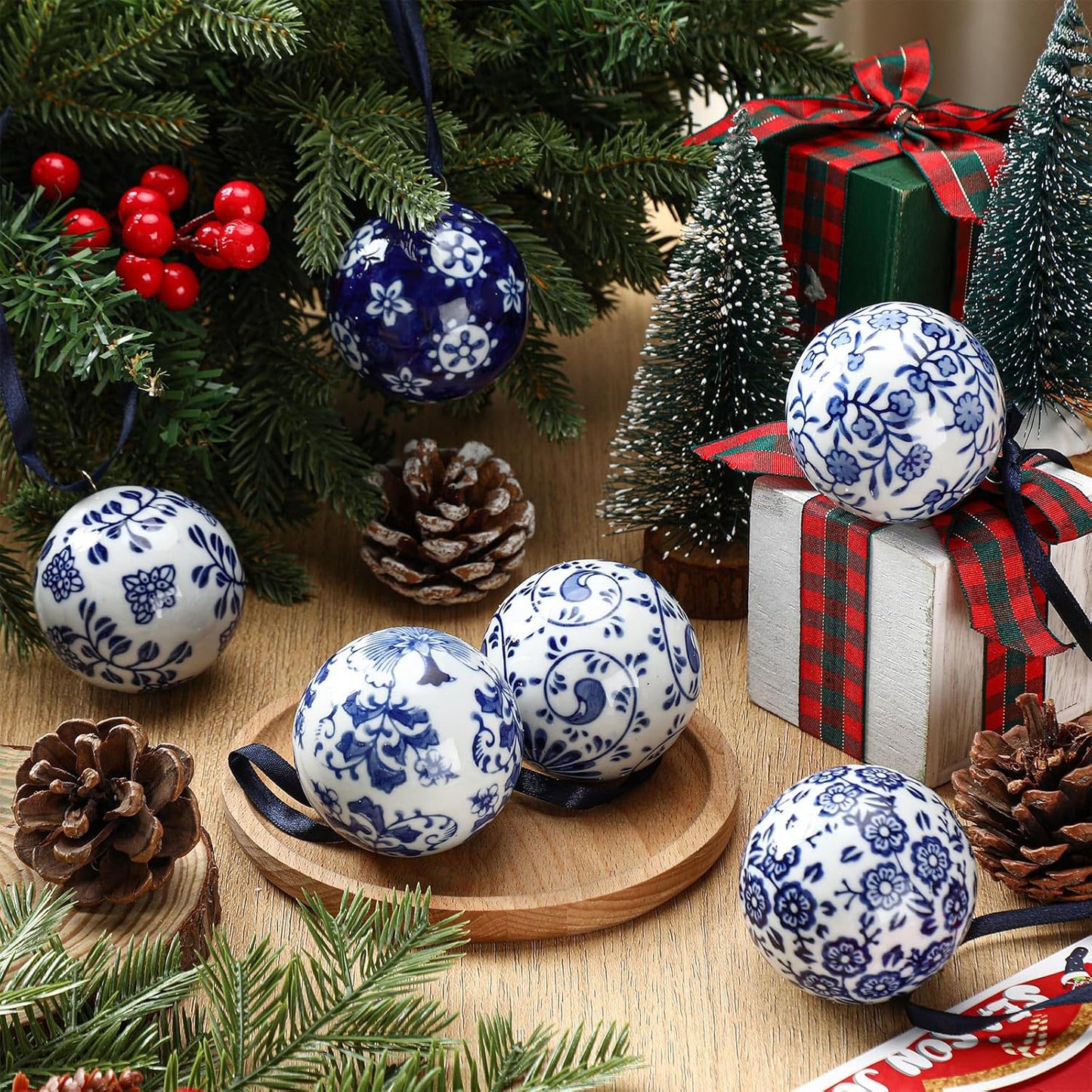 Cindeer 6 Pcs Blue and White Christmas Porcelain Balls 2.4 Inch Porcelain Chinoiserie Ornament Bulk Christmas Ceramic Hanging Decorative for Tree Home Xmas Party (Classic Style)
