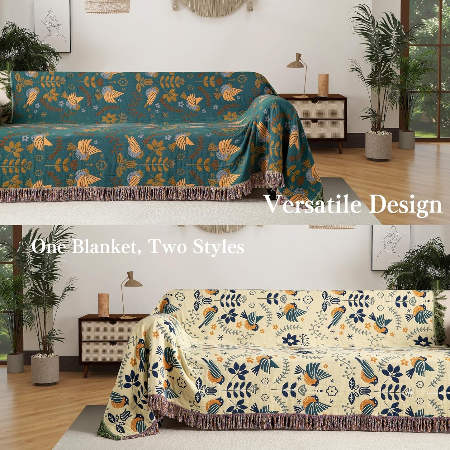 Boho Throw Blanket Twin Size, Soft Cozy Cotton Muslin Quilt Blanket for Bed Decor, Bird Patterned Couch Sofa Chair Cover, Vintage Farmhouse Cottage Tapestry Woven Blanket, Green&Beige