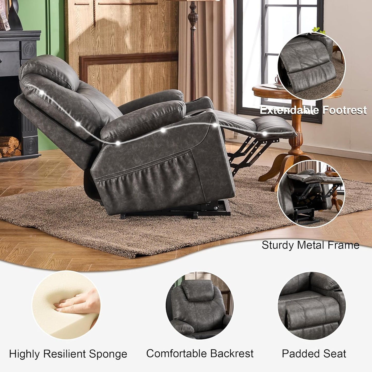 SALOHZA Power Lift Recliner Chair for Elderly with Massage and Heat for Living Room, Electric Recliner Chair for Adults with USB/Type C Port/Cup Holders, PU Faux Leather, Grey