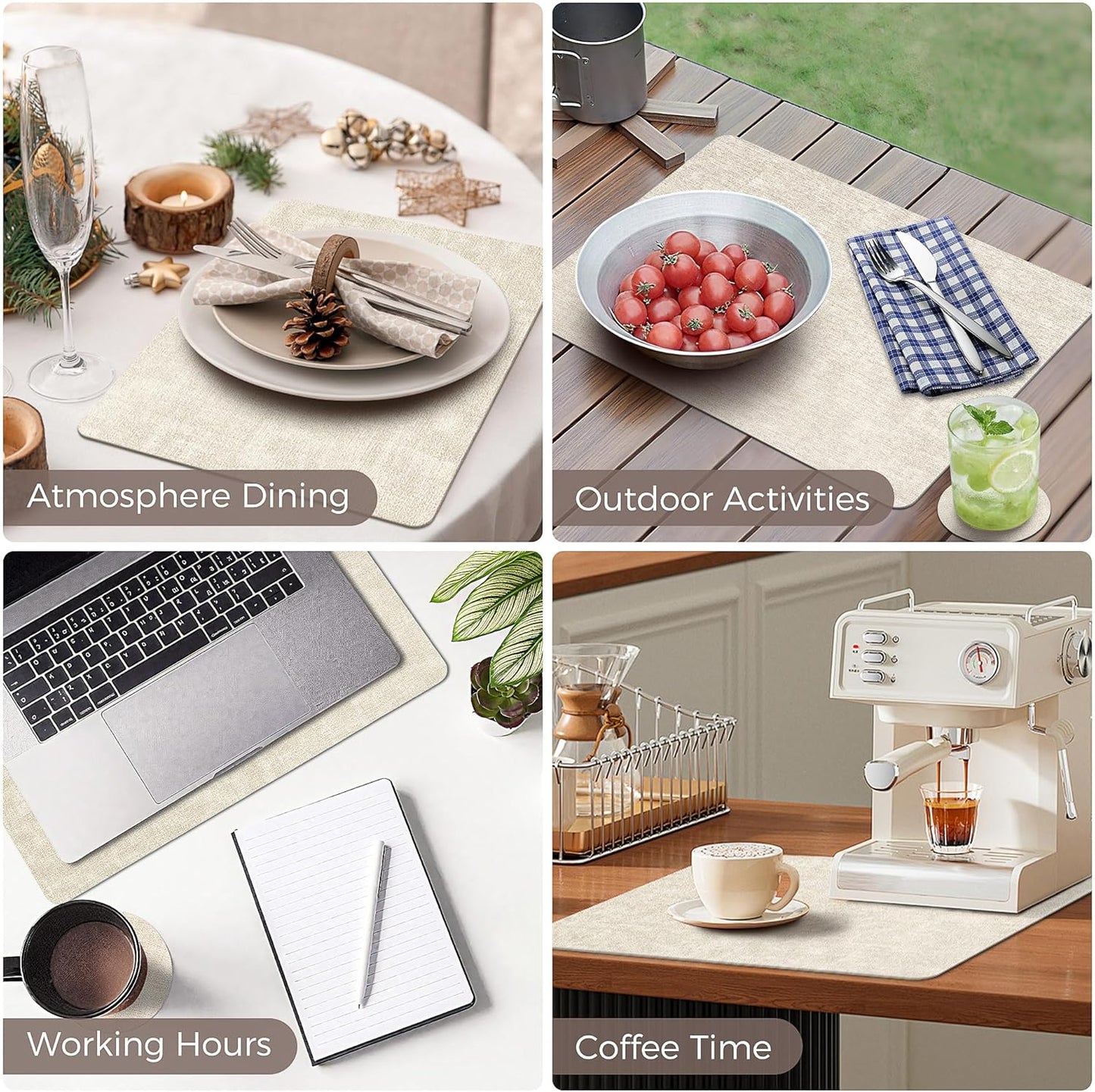 Vinyl Placemats Set of 6, Faux Leather Waterproof and Heat Resistant Place Mats, Washable Anti-Slip Table Mats with Coaster, Wipeable Placemats for Indoor & Outdoor 17" x 12" (Beige, Set of 6)