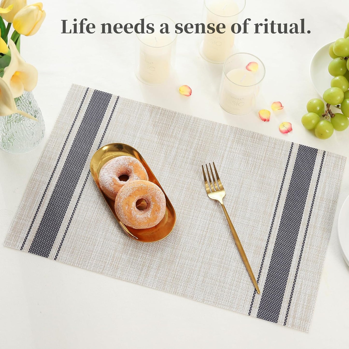 Leetaltree Khaki-Blue Placemats, Heat Resistant Non-Slip Place mats for Dining Table, Washable Durable PVC Vinyl Woven Table Mats (Set of 8)