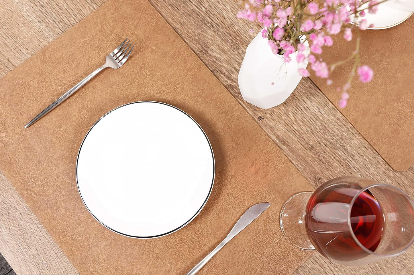 Set of 6 Faux Leather Placemats, PU Table Mats, Waterproof, Stain Resistant, Heat Resistant, Non-Slip Easy to Clean for Kitchen Dining Table,Conference Table F Flaxen