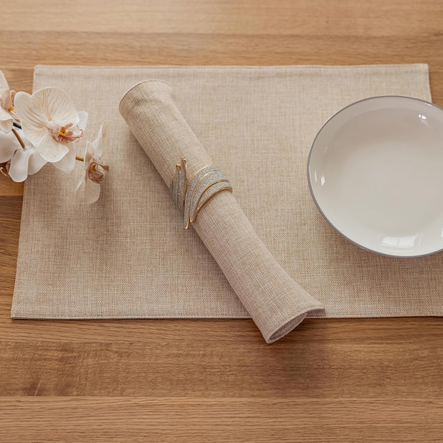 Demetex Linen Placemats Set of 8 Modern Beige Place Mats Heat Resistant Washable Table Placemat for Dining Room Restaurant Indoor, 13x19 inch, Light Linen