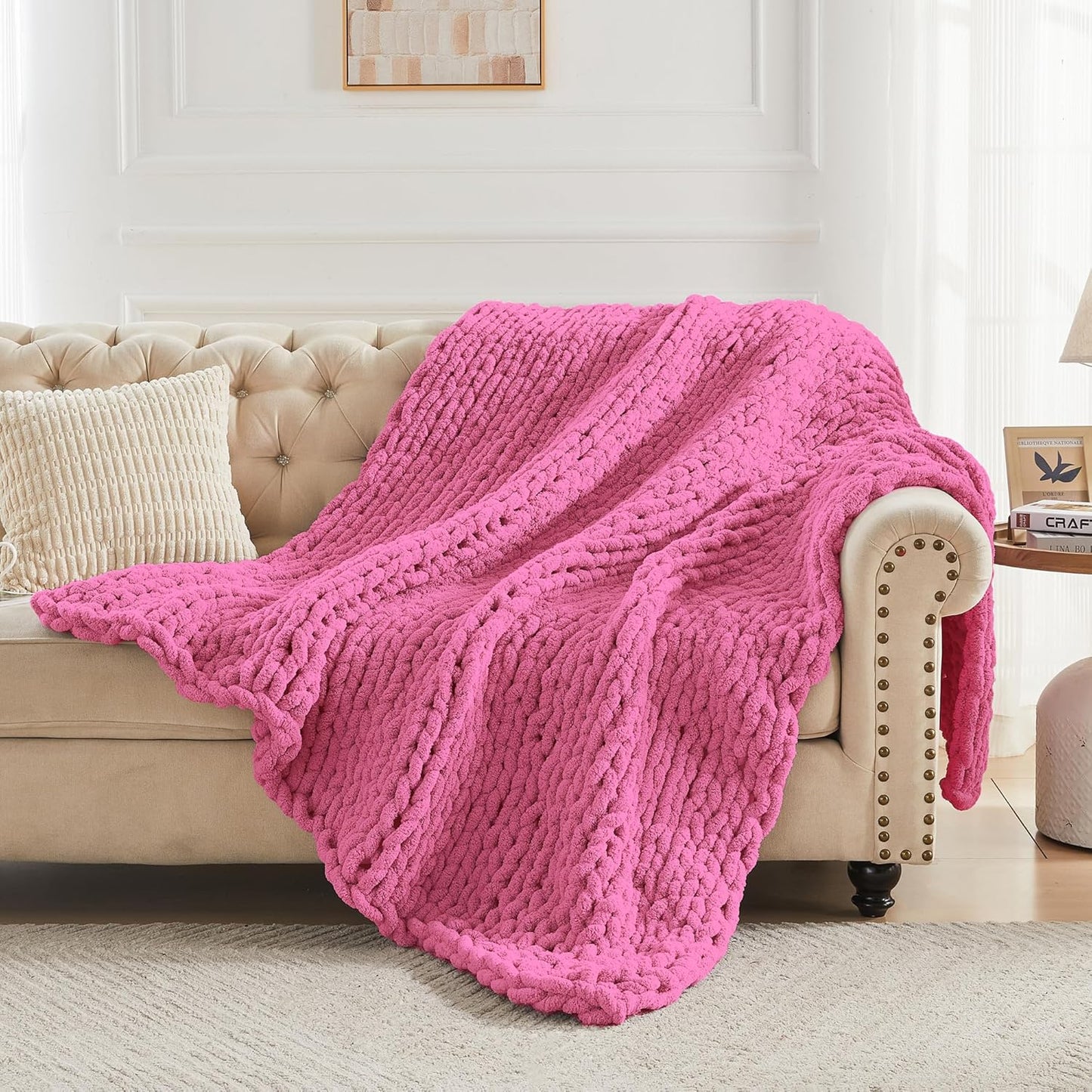 Carriediosa Chunky Knit Throw Blanket 50" X 60", 100% Hand Made Large Chenille Loop Yarn Soft Fluffy Throws for Couch Sofa Bed, Big Crochet Cozy Heavy Thick Cable Woven Blankets, Hot Pink