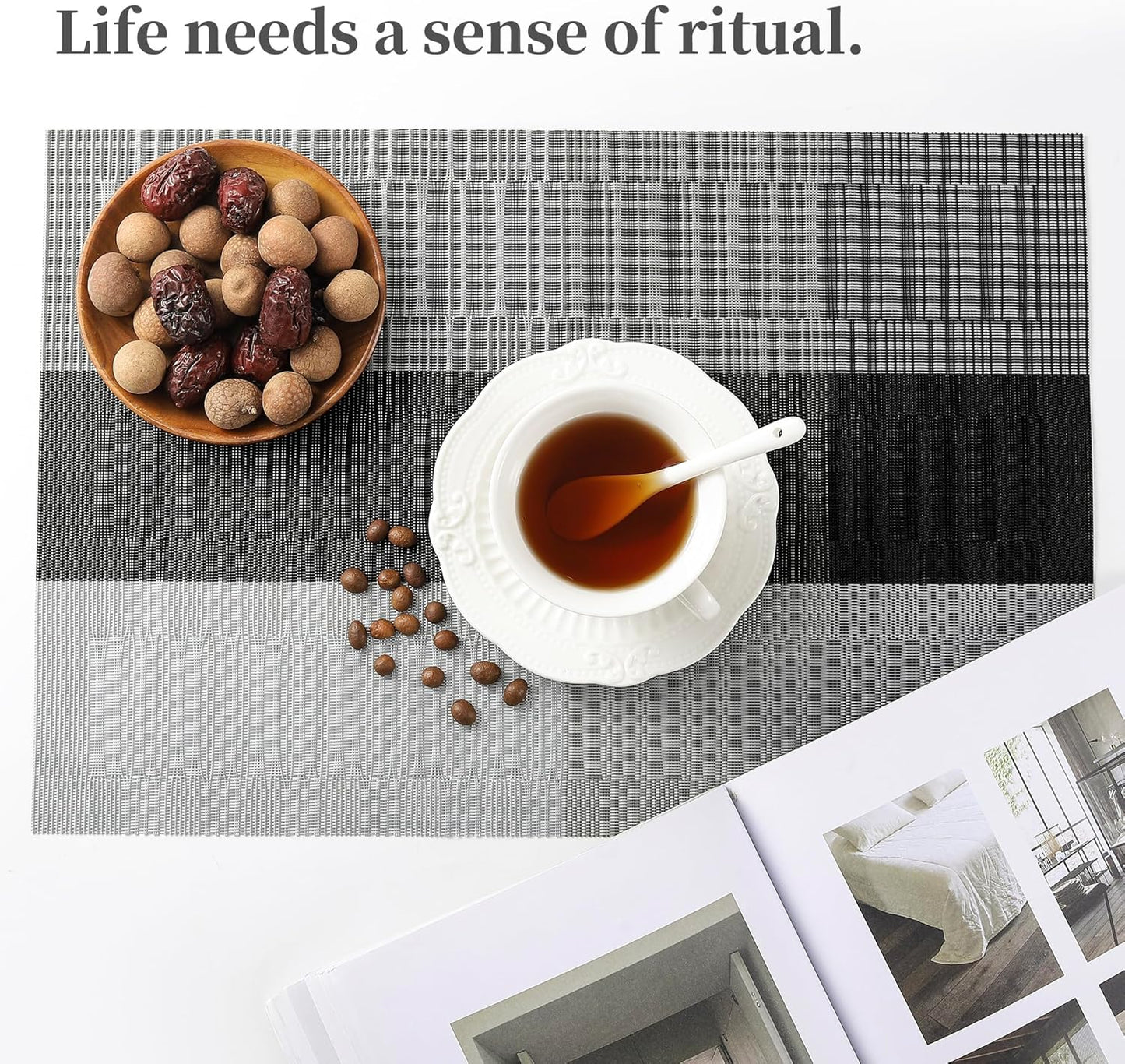 Leetaltree Grey with White Striped Placemats Set of 6 - Heat Resistant Non-Slip Place mats for Dining Table, Washable Durable PVC Vinyl Woven Table Mats(Grey Stripe, 6)