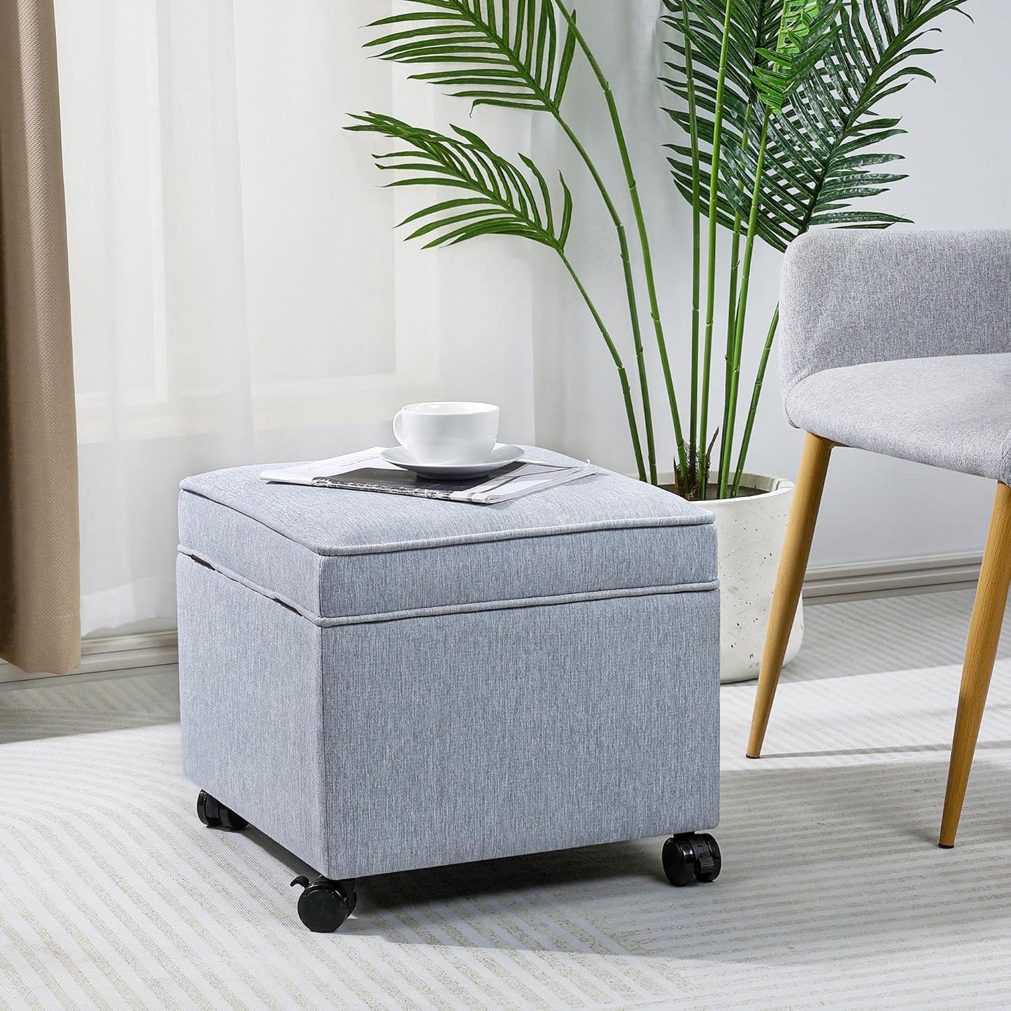 Adeco 17.5" Square Fabric Ottoman with Storage, Upholstered Cotton Linen Foot Rest, Flip Top Footstool, Small Cube Coffee Table Extra Seat for Living Room, Bedroom, Ice Blue with Rolling Legs