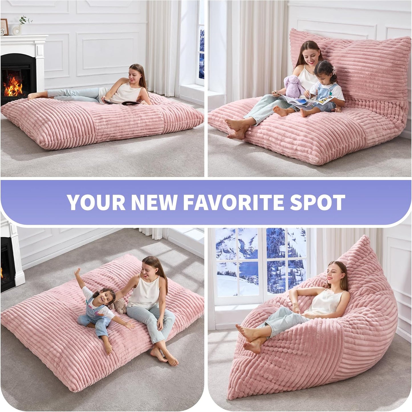 Hobestluk 3 in 1 Bean Bag Chair Giant Bean Bag Chairs Convertible Bean Bag Floor Cushion with Machine Washable Cover, Beanbag Chairs for Adult (Pink)