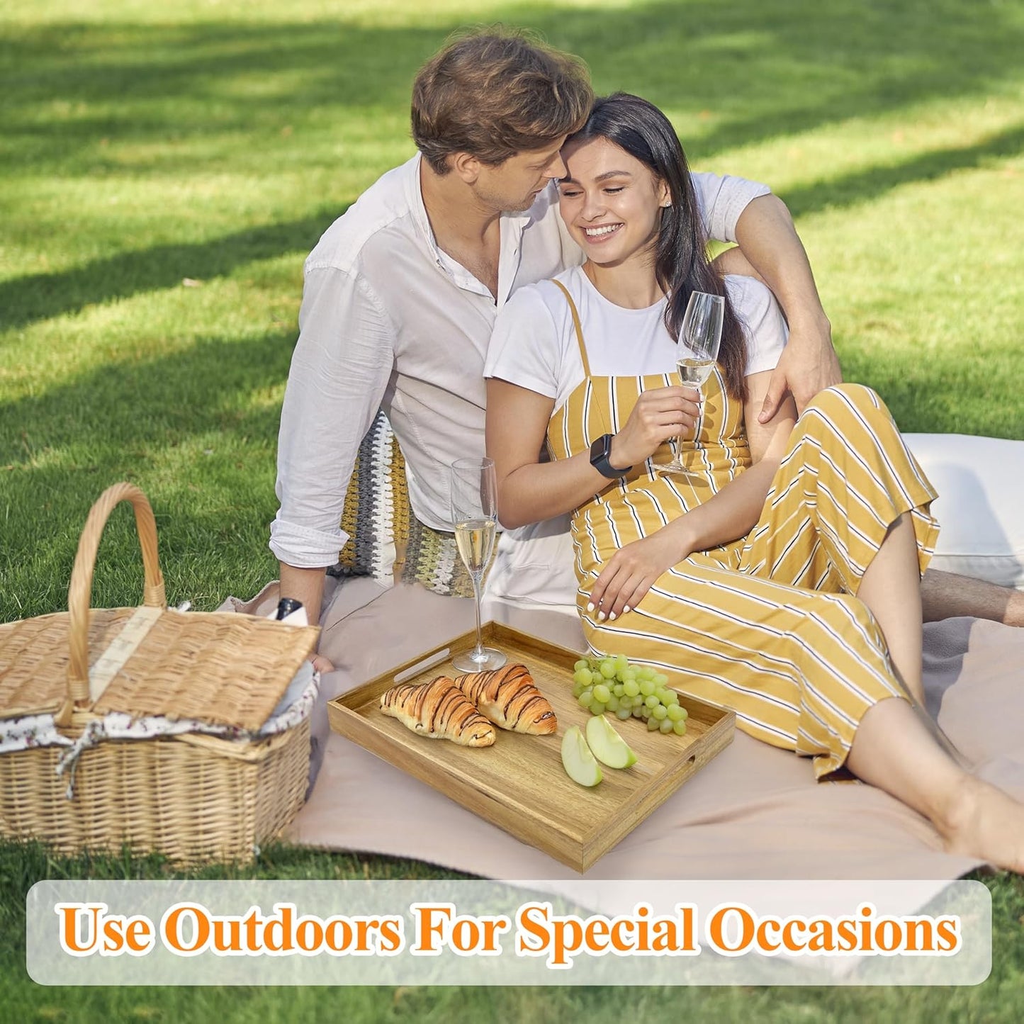 3 Pack Acacia Wood Serving Tray with Handles, Decorative Serving Trays Platter for Breakfast in Bed, Lunch, Dinner, Patio, Ottoman, Coffee Table, BBQ, Party, Great for Lap &Couch (Set of 3)