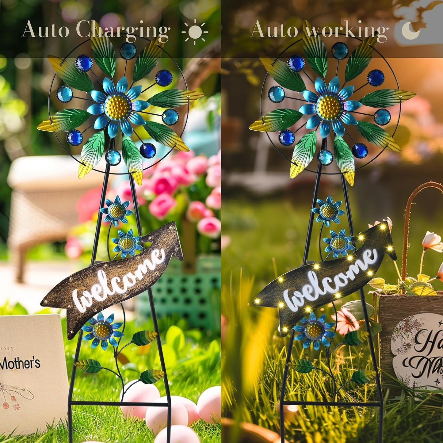 TERESA'S COLLECTIONS Hummingbird Garden Solar Stake, Wind Spinner Yard Art Sign for Outdoor Decor, Metal Purple Floral Windmill Decorative Garden Stake for Lawn Ornaments, Gifts for Mom, 36''