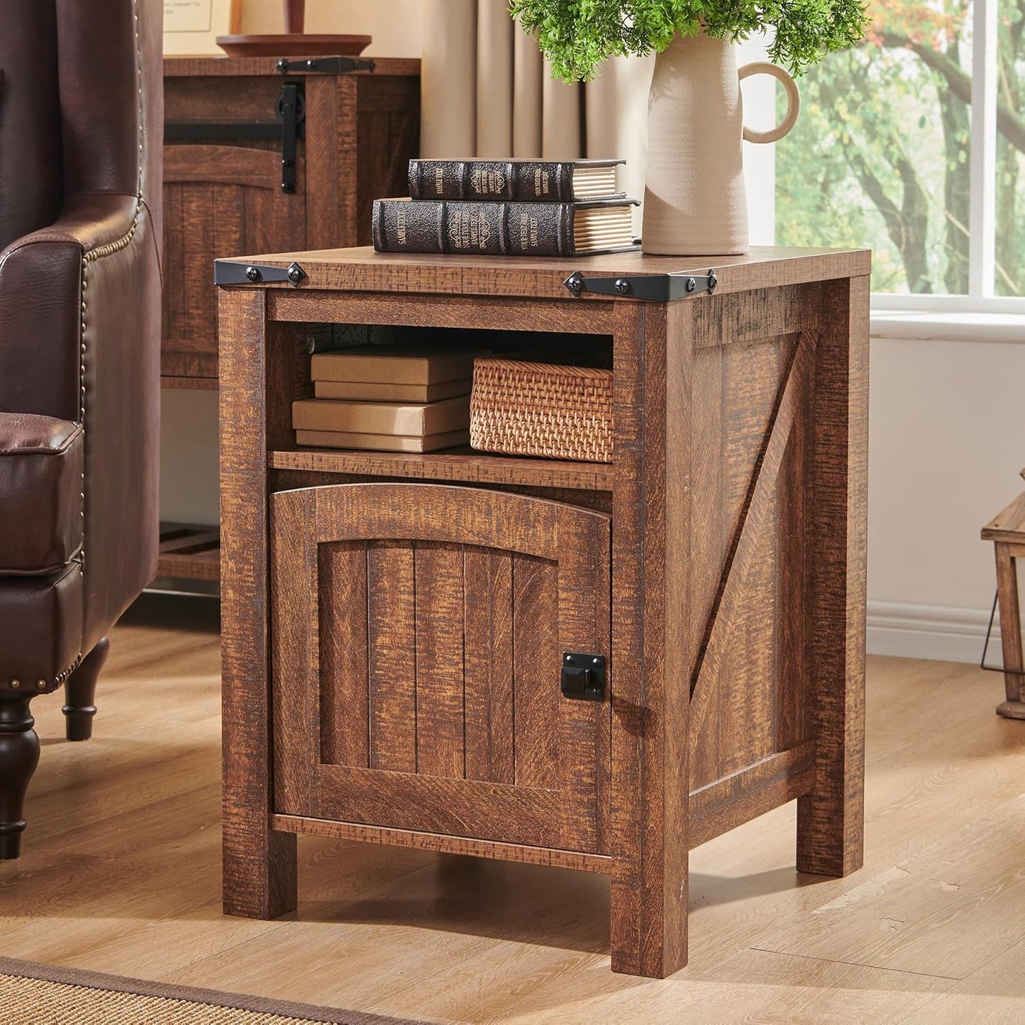 OKD Nightstand with Charging Station Set of 2, 18 Inchs Farmhouse End Table with Adjustable Storage Shelf, Rustic Wood Sofa Side Table for Living Room, Bedroom