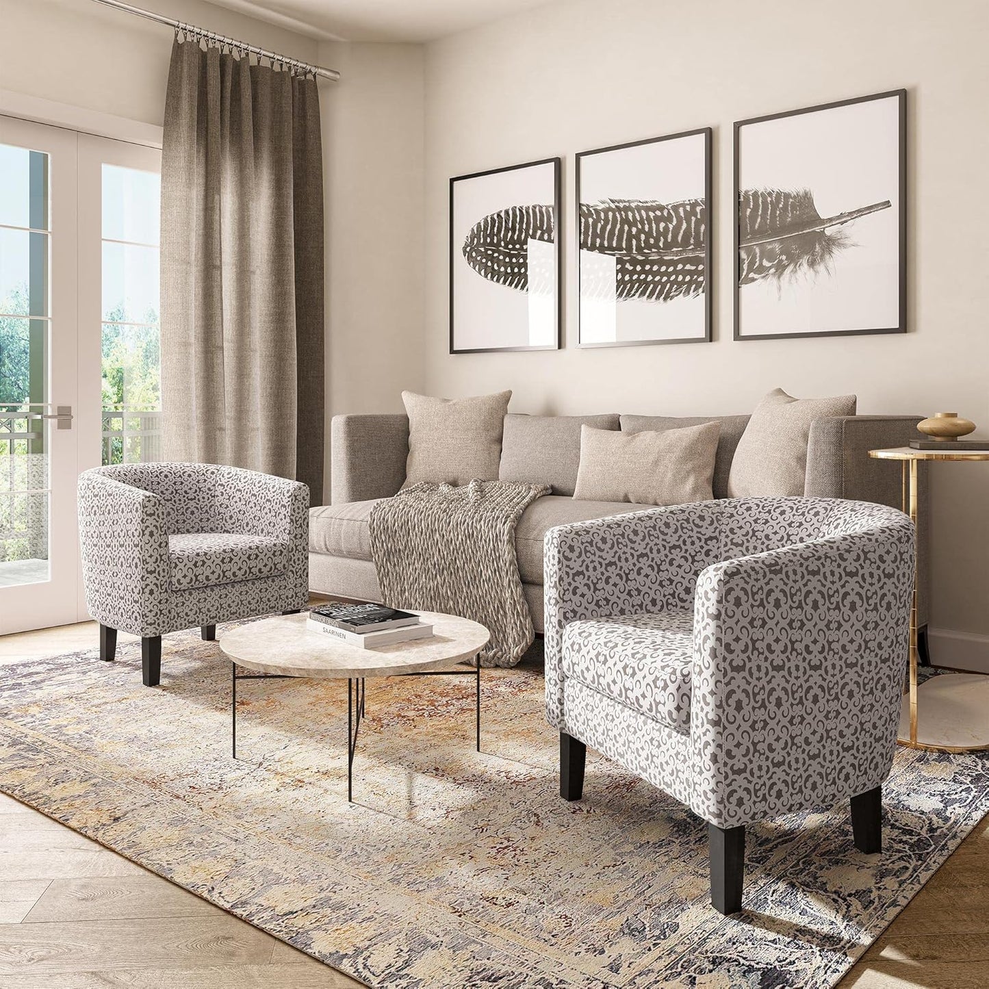 BELLEZE Accent Barrel Chair, Linen Round Chair Club Tub Sofa Corner Chair with Flared Legs and Cozy Soft Padding for Living Room Bedroom Waiting Room - White & Brown