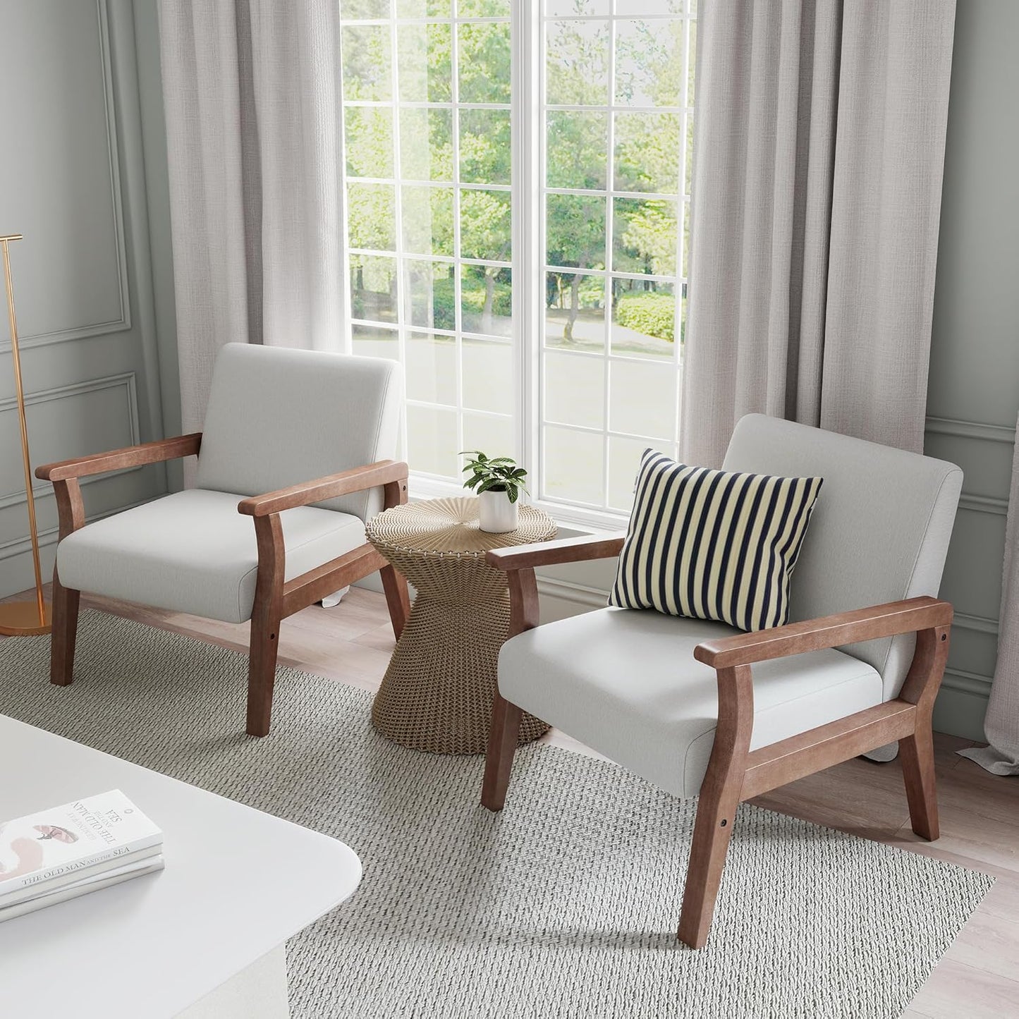 HNY Mid Century Armchair with Wood Frames, Linen Upholstered Living Room Arm Chair, for Living Room, Bedroom, Ivory