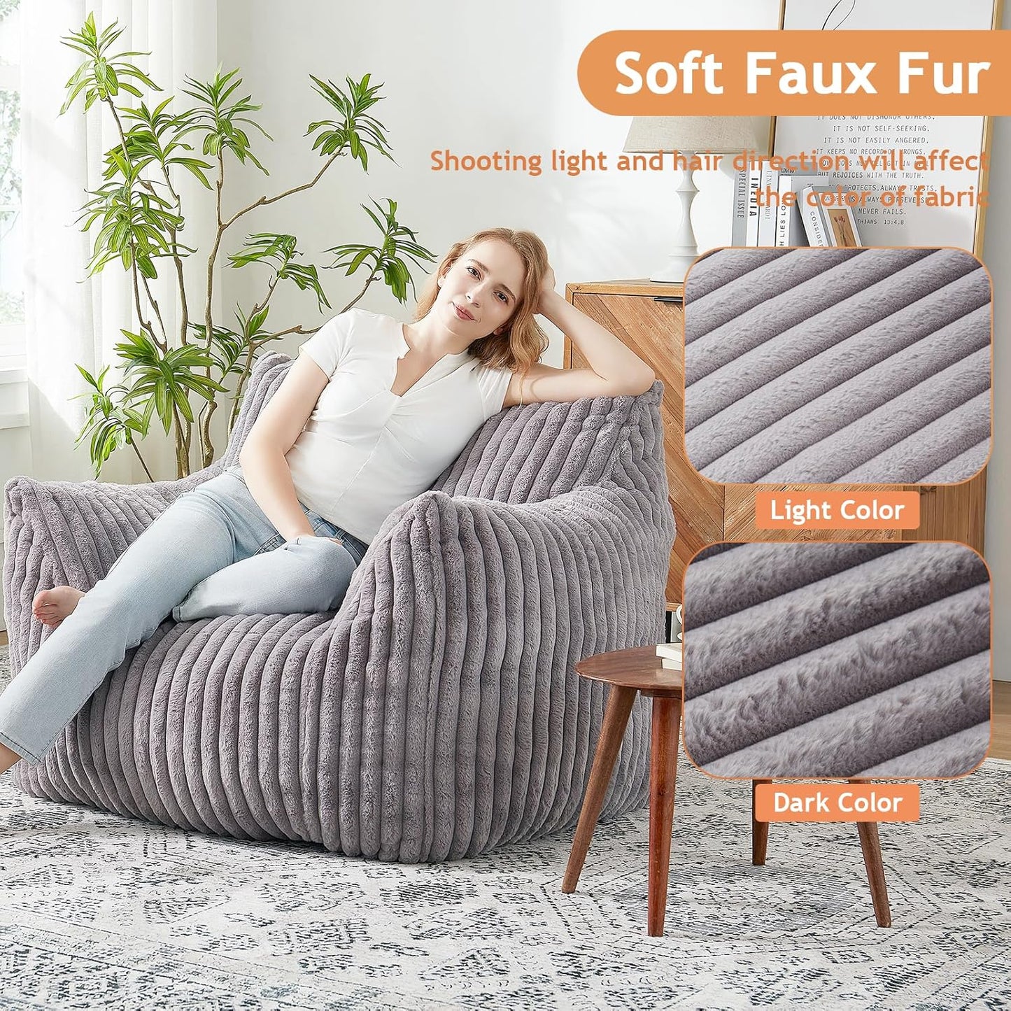 Giant Bean Bag Chairs for Adults with Filling Plush Fluffy Bean Bag Chairs for Teens with Armrests Comfy BeanBag Lazy Couch Sofa Chair for Bedroom Living Room Reading