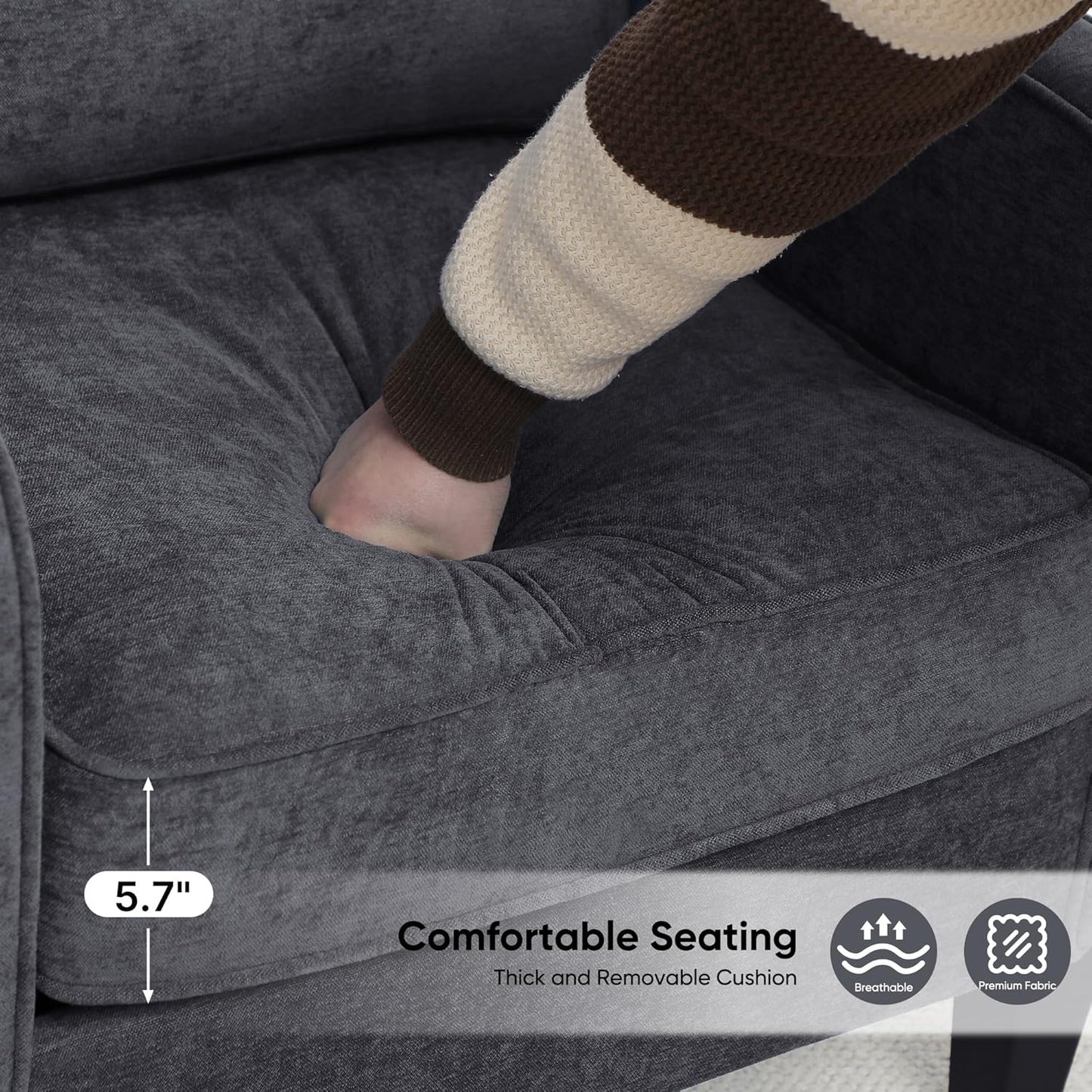 Accent Chair for Living Room, Mid Century Modern Reading Chair for Bedroom, Upholstered Armchair with Side Pockets, Comfy Single Sofa Side Chair for Office, Apartment, Small Room, Dark Grey