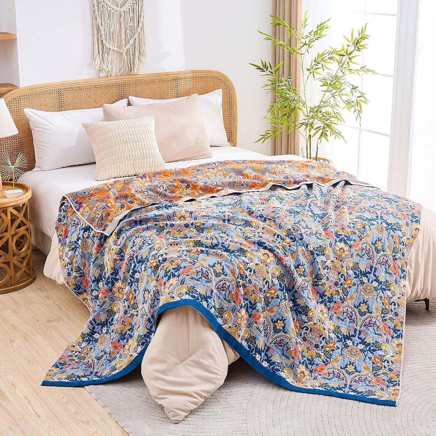 Boho Throw Blanket for Bed, 100% Cotton Soft Rustic Quilt Fall Blanket, 60"x80" Floral Printed Farmhouse Decor Bed Blankets, All Season Rustic Reversible Bohemian Throw Quilt