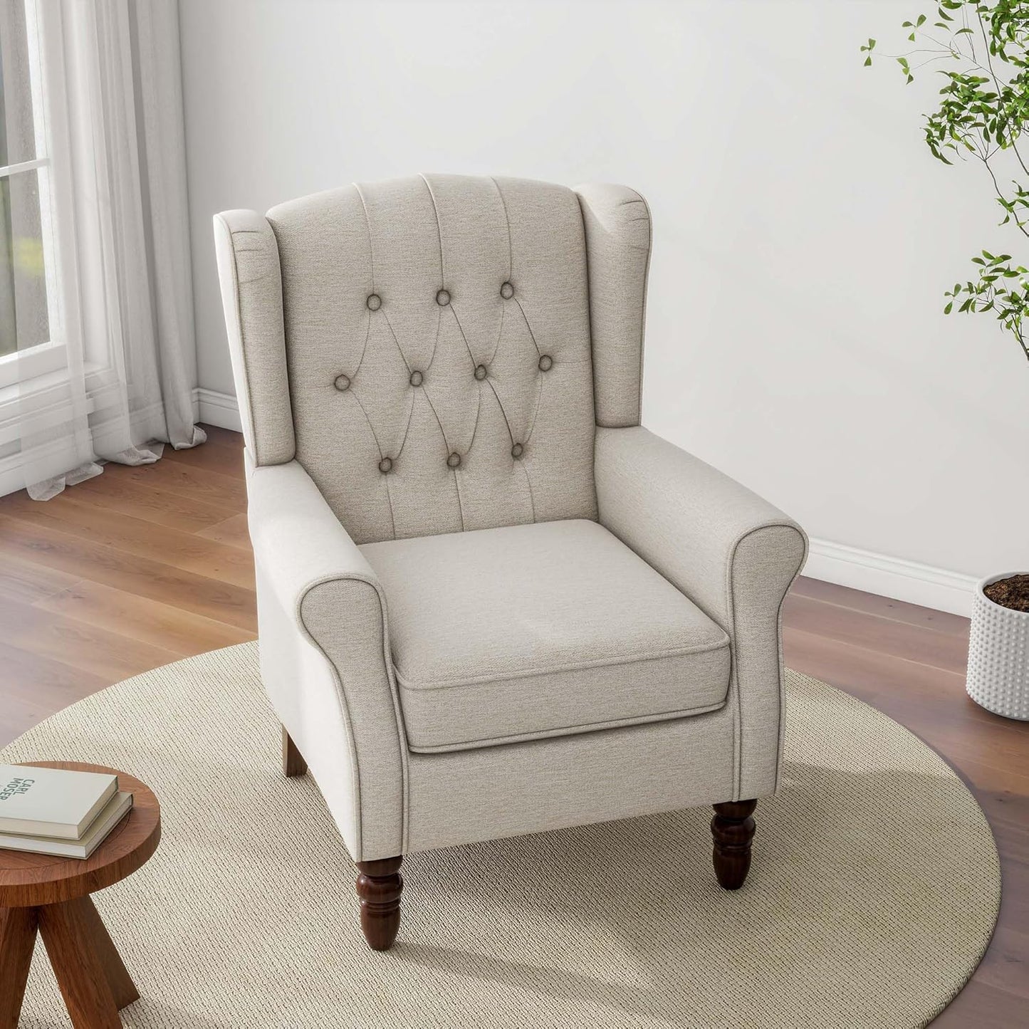 Accent Chair, Upholstered Armchair with Button Tufted High Back & Solid Wood Legs, Comfy Wingback Reading Single Sofa Chair for Small Spaces, Living Room, Bedroom (Beige, Set of 1)