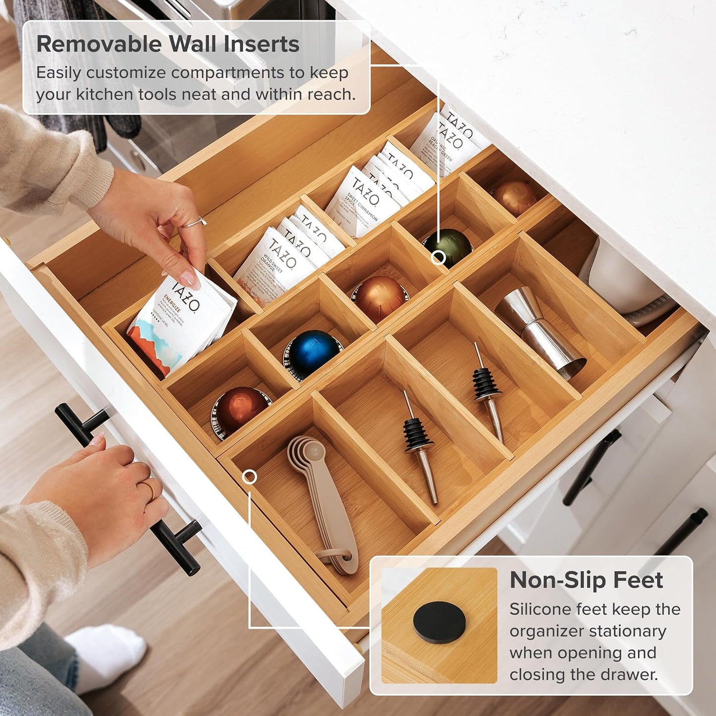 Premium Utensils and Tea Bag Drawer Organizers – 14-Compartment Design with Removable Dividers, Non-Slip Feet, 100% Sustainable Bamboo, 2 Pack