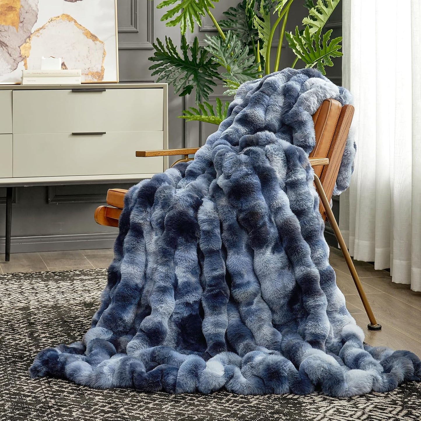 Cozy Bliss Faux Fur Throw Blanket for Couch, Fuzzy Soft Plush Thick Bubble Blanket for Sofa Bedroom Living Room, 60 * 80 Inches Tie-dye Blue