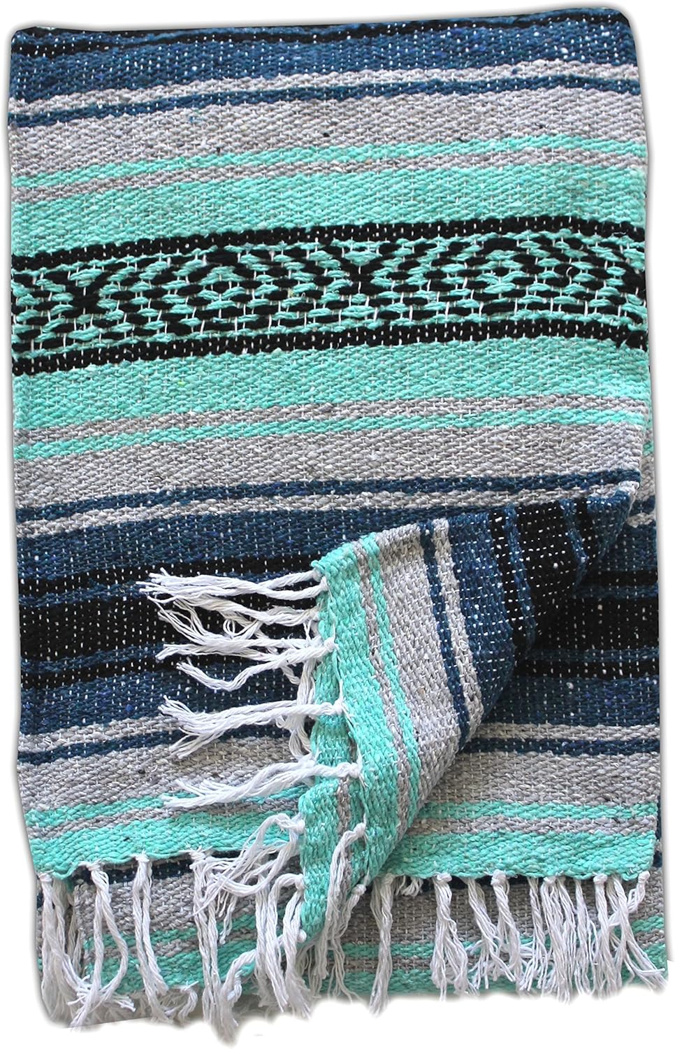 Del Mex Classic Mexican Blanket, Large Authentic Woven Falsa Throw (70"x50"), Artisan Southwest Décor for Beach, Yoga, Outdoors (Navy/Mint)