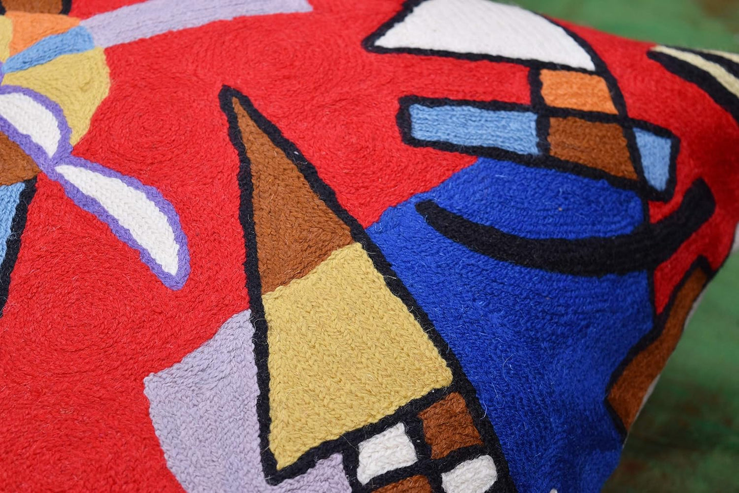 Kandinsky Contemporary Throw Pillow Cover - Bright | Red Modern Pillow Cases | Abstract Accent Pillows | Contemporary Couch Cushions | Hand Embroidered Cushion | Wool Size 18x18