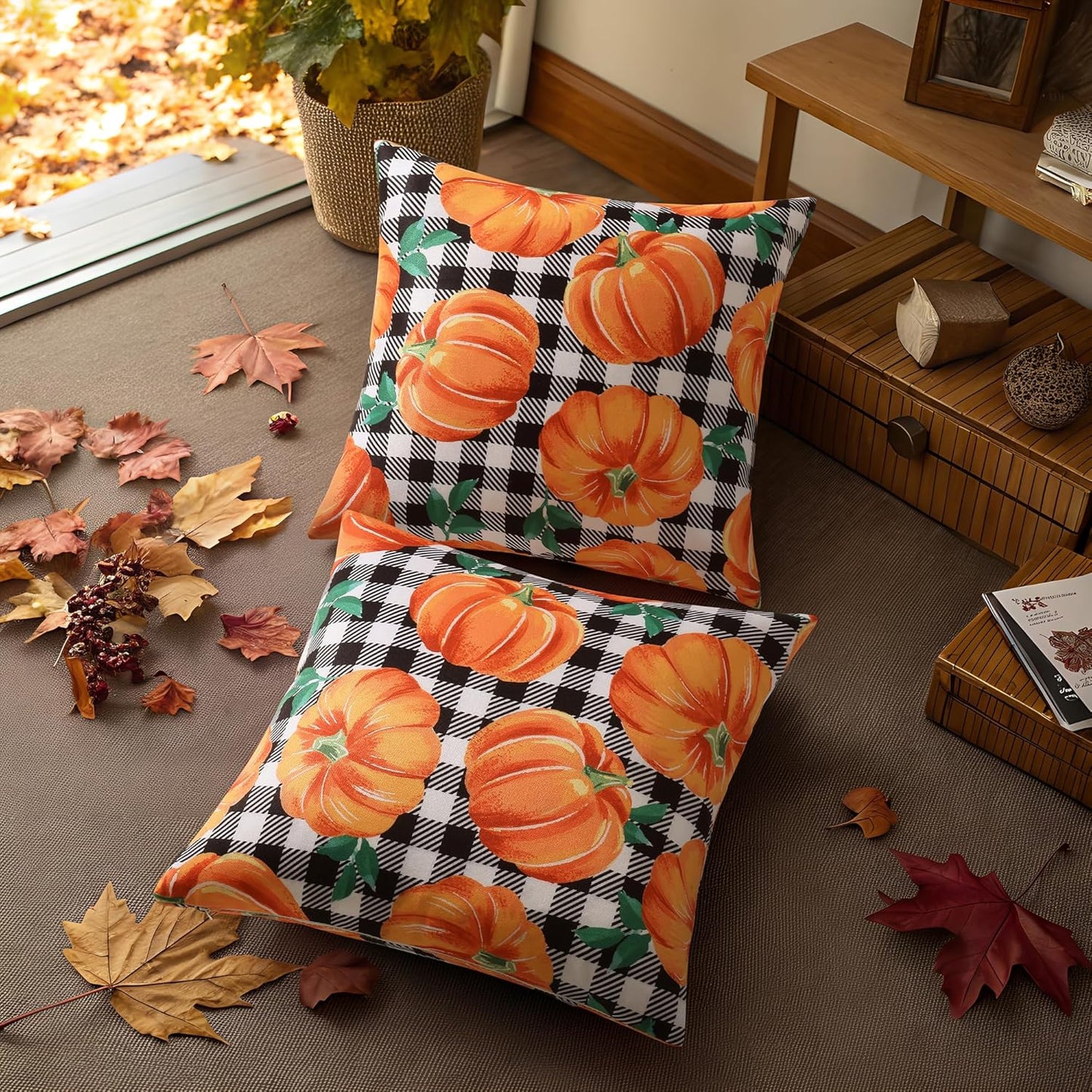 decorUhome Fall Orange Pumpkin Decorative Throw Pillow Covers 12x20 Set of 2, Lumbar Buffalo Plaid Check Farmhouse Cushion Covers for Autumn Harvest Couch Sofa Bed Home Decor
