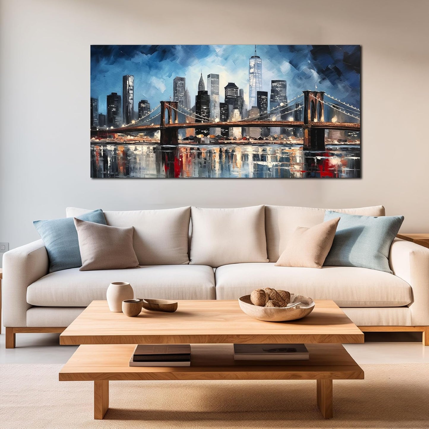 Brooklyn Bridge Wall Art for Bedroom,Modern City Large Canvas Wall Art Living Room,Blue Home Office Decor 29 x 59 Inch
