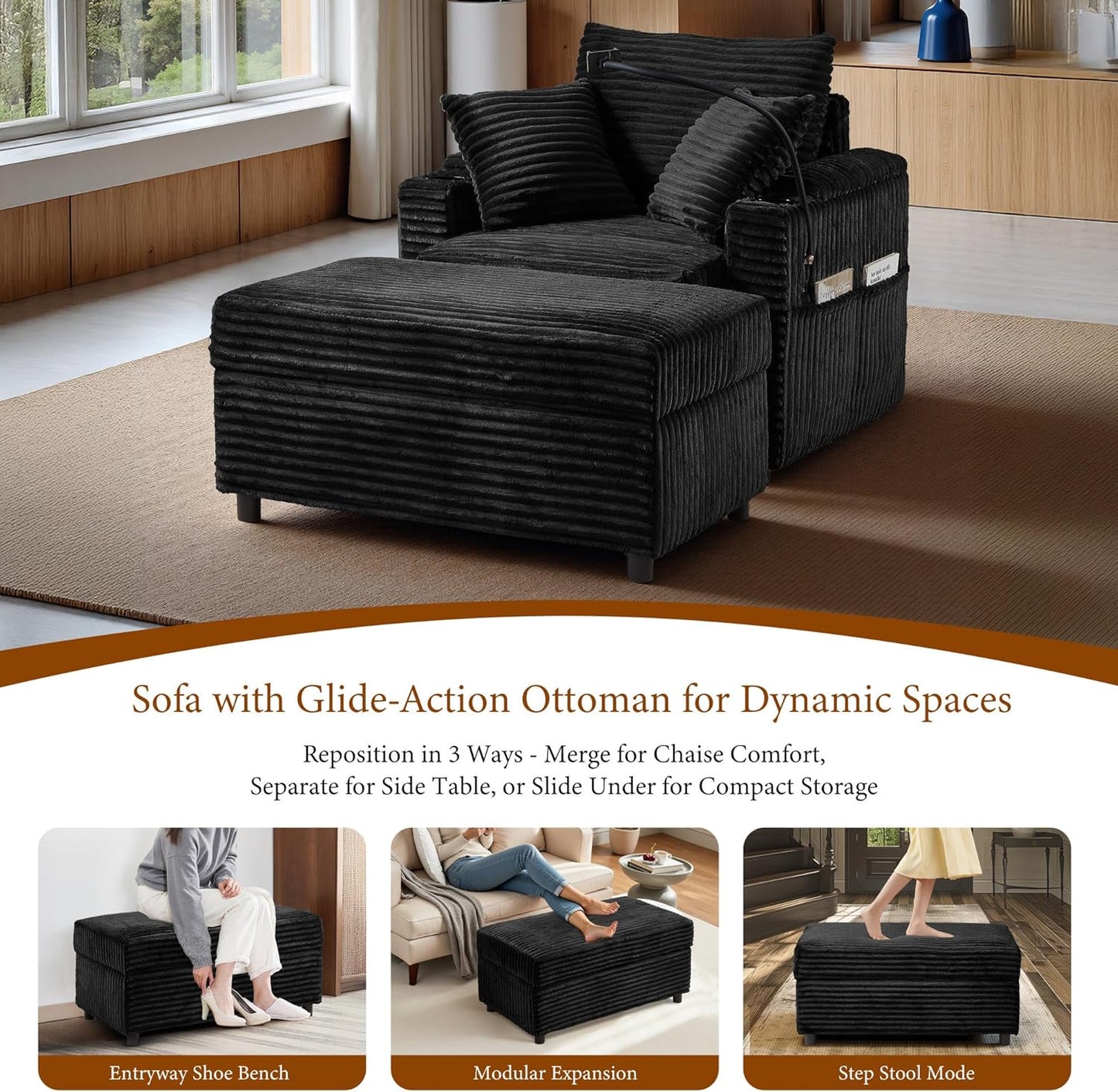 Accent Chair with Storage Ottoman Upholstered Living Room Chairs for Reading Chair with Chaise Lounge Chairs Indoor, Comfortable Armchair for Bedroom