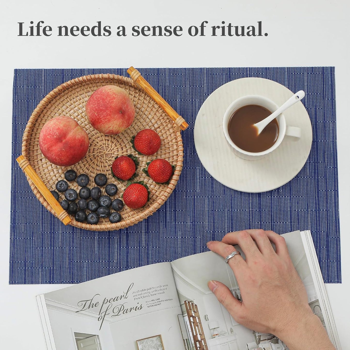 Leetaltree Blue Placemats Set of 8 - Heat Resistant Non-Slip Place mats for Dining Table, Washable Durable PVC Vinyl Woven Table Mats(Blue, 8)