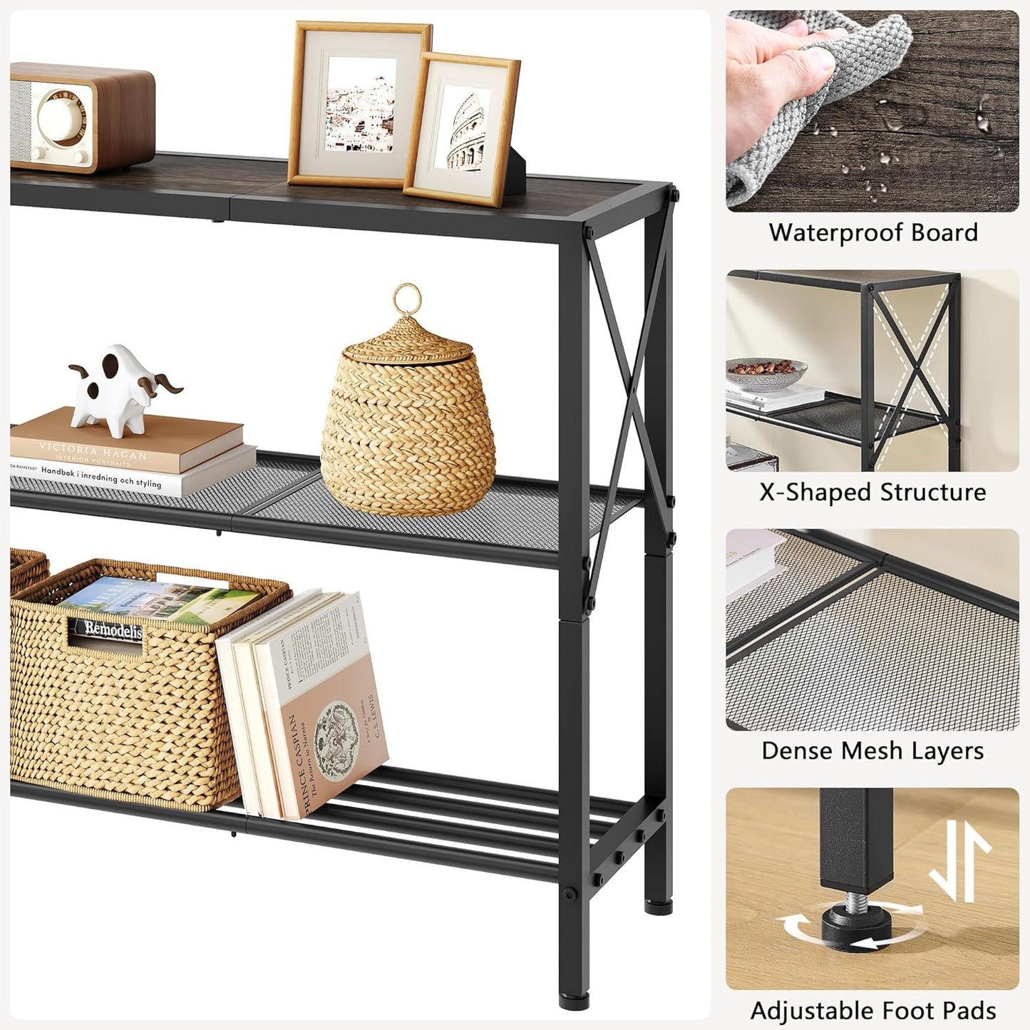 Hoctieon Industrial Console Table, 3 Tier Entryway Table, Hallway Table, Narrow Sofa Table with Shelves, Entrance Table for Entryway, Living Room, Foyer, Hallway, Office, Grey