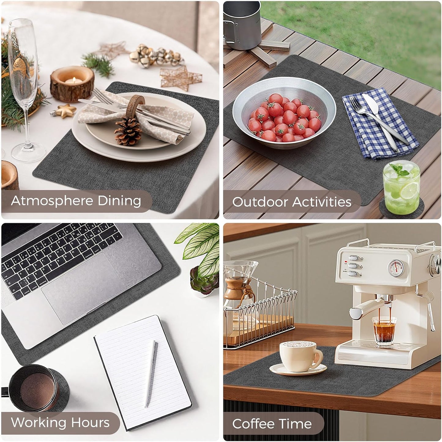 Vinyl Placemats Set of 4, Faux Leather Waterproof and Heat Resistant Place Mats, Washable Anti-Slip Table Mats with Coaster, Wipeable Placemats for Indoor & Outdoor 17" x 12" (Black, Set of 4)