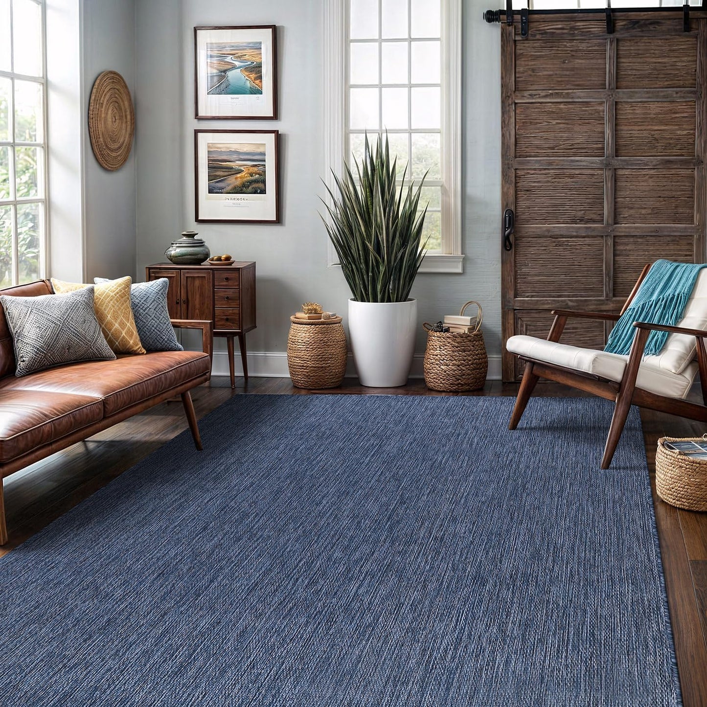 Washable Indoor Outdoor Rug 10x14 Weather Resistant Area Rugs Modern Solid for Porch Deck Balcony Backyard Patio Outside Carpet (10 X 14 Azure Blue)