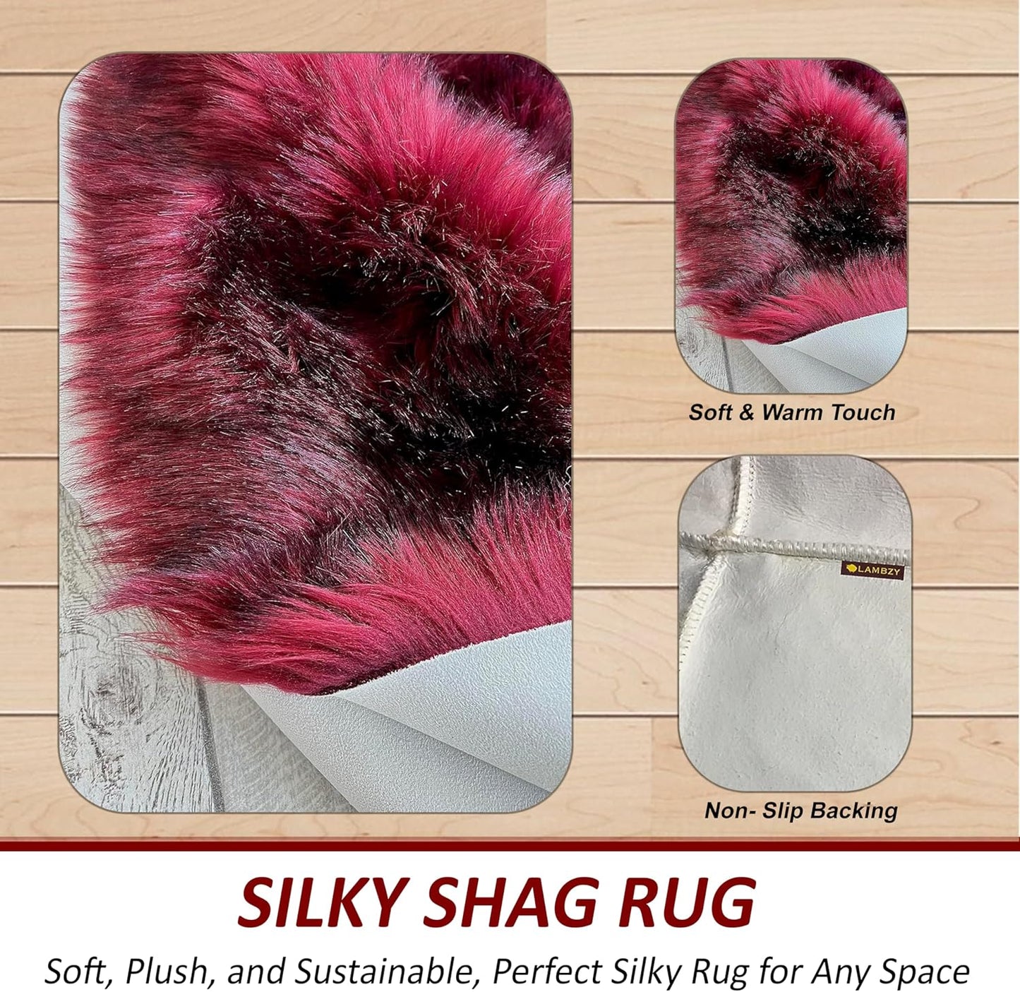 LAMBZY Faux Sheepskin Super Soft Hypoallergenic Free Shape Silky Shag Rug, Luxury Shaggy Plush Carpet for Bedrooms Living Kids Room Sofa Rugs (Burgundy, Single and a Half 2'x4')