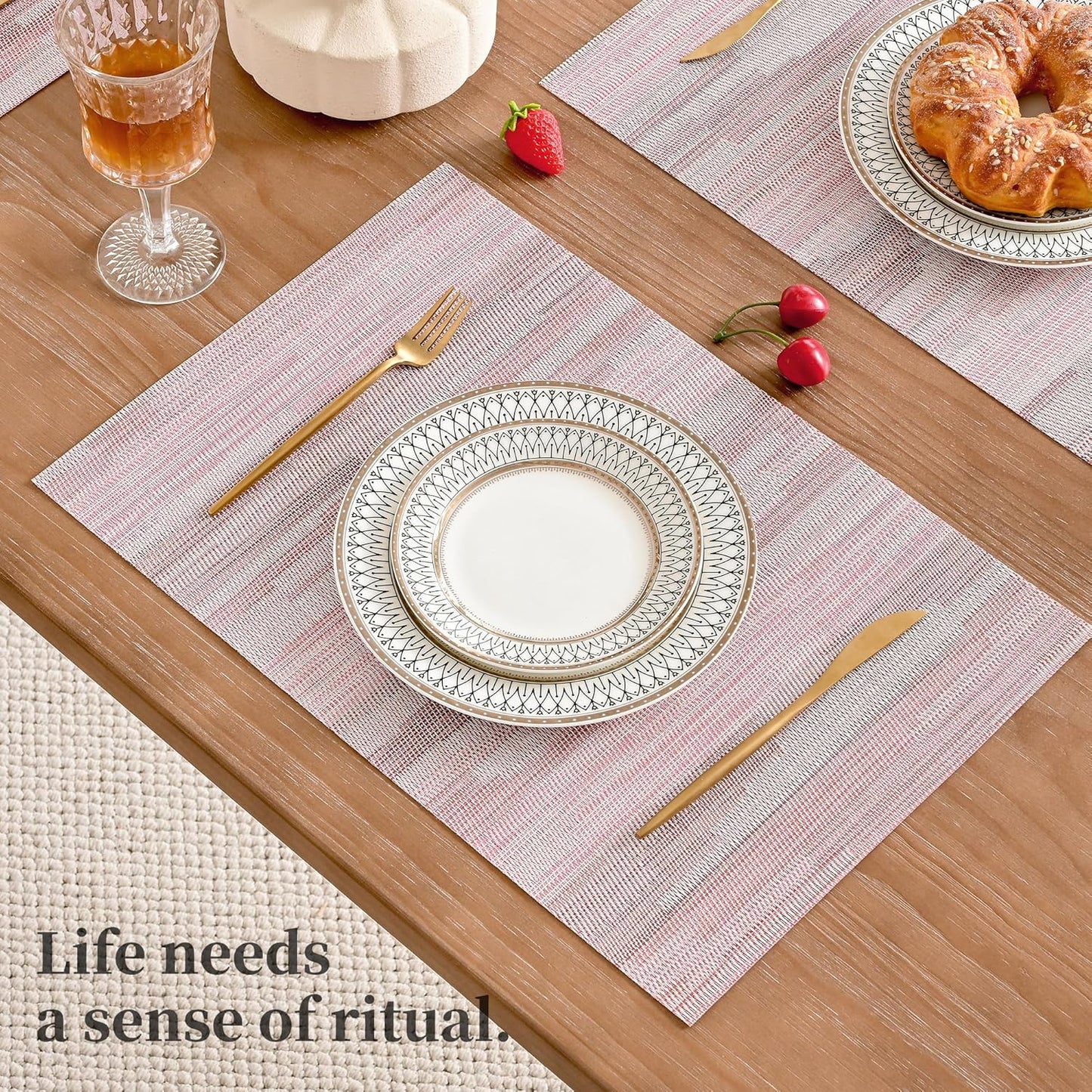 Leetaltree Misty Rose Placemats Set of 8 - Heat Resistant Non-Slip Place mats for Dining Table, Washable Durable PVC Vinyl Woven Table Mats(Misty Rose, 8)
