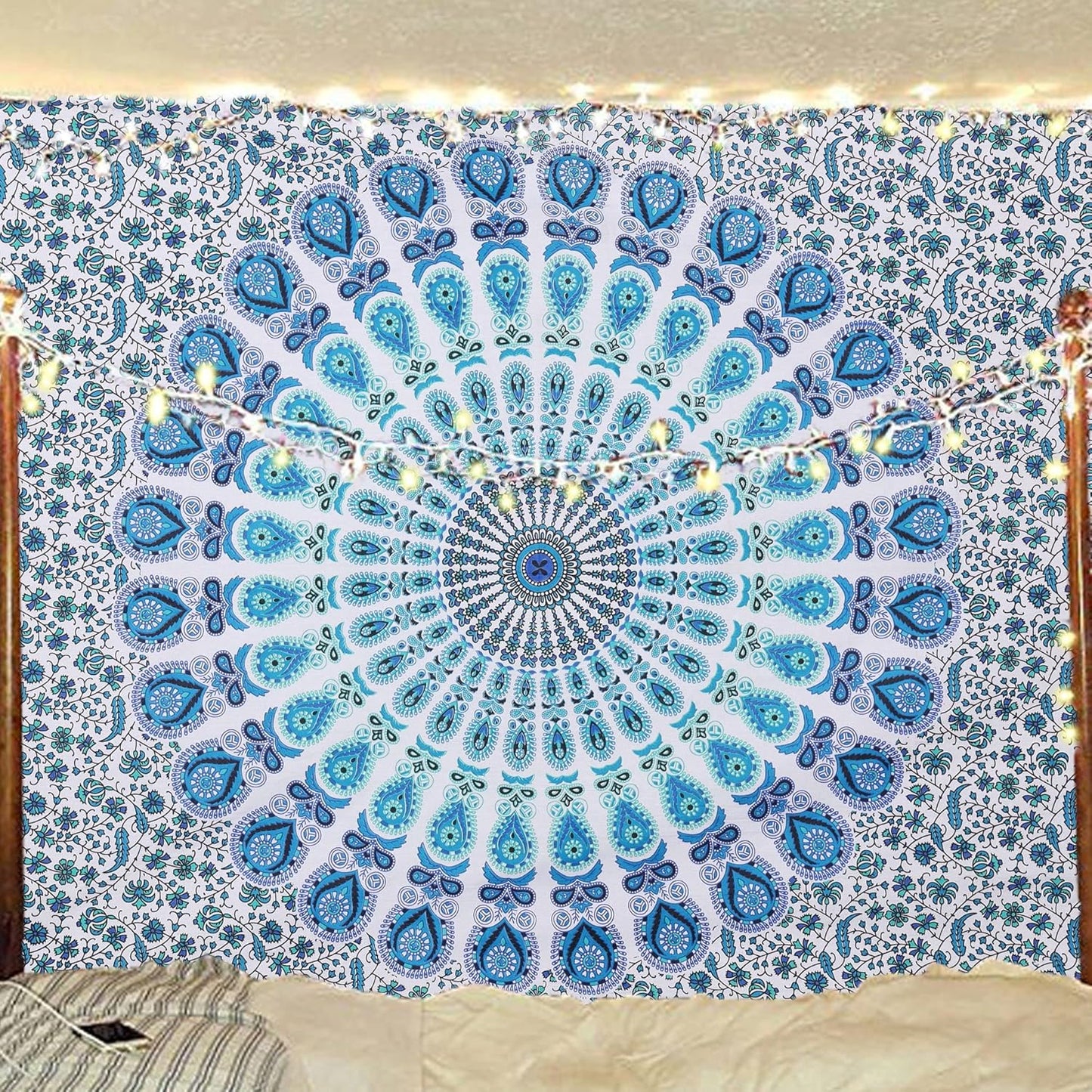 Bless International Handmade Indian hippie Bohemian Psychedelic Peacock Mandala Wall hanging College Dorm Beach Throws Table Cloth Bedding Tapestry (Peacock Sky Blue, Poster(30x40Inches)(76x101cms))